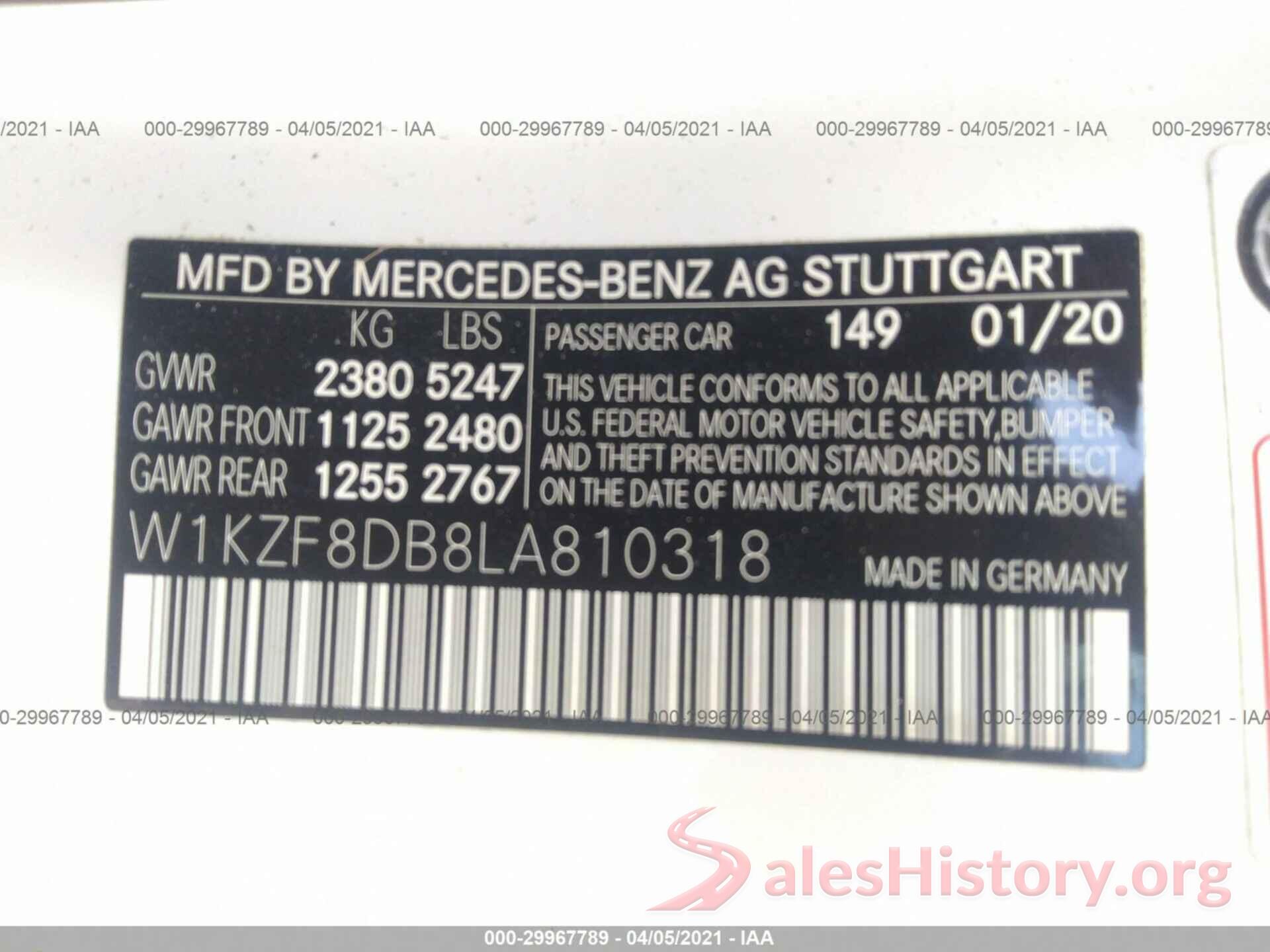 W1KZF8DB8LA810318 2020 MERCEDES-BENZ E-CLASS