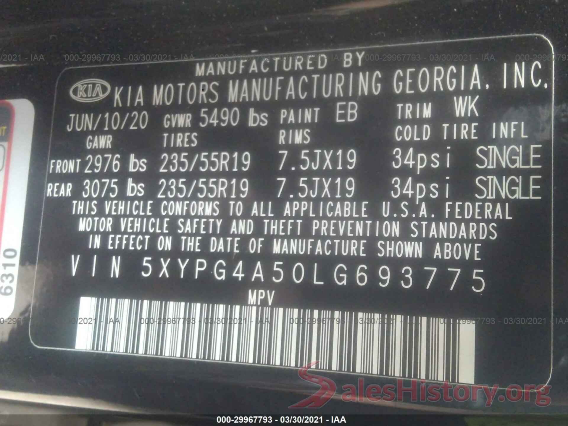 5XYPG4A50LG693775 2020 KIA SORENTO