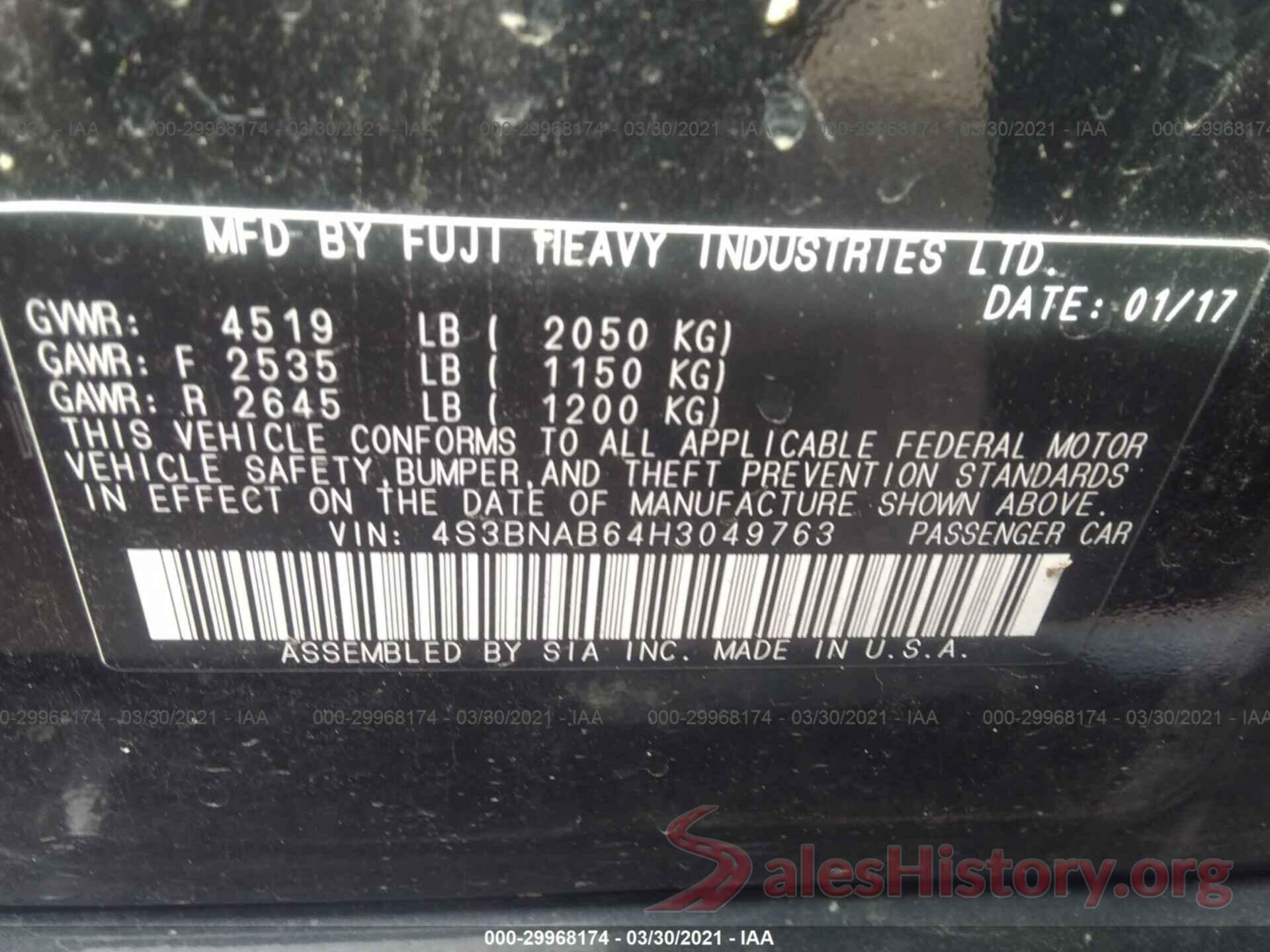 4S3BNAB64H3049763 2017 SUBARU LEGACY