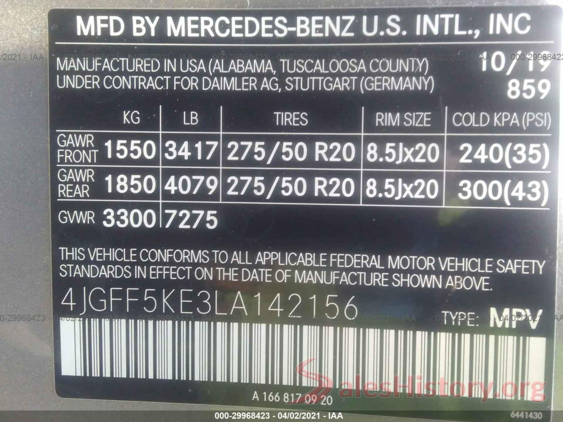 4JGFF5KE3LA142156 2020 MERCEDES-BENZ GLS