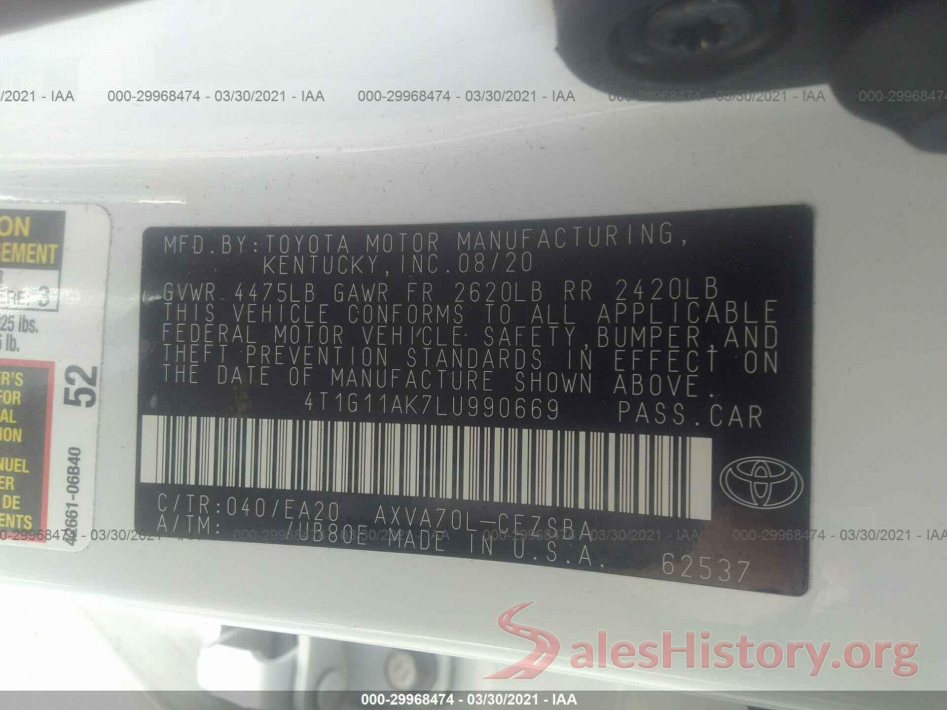 4T1G11AK7LU990669 2020 TOYOTA CAMRY