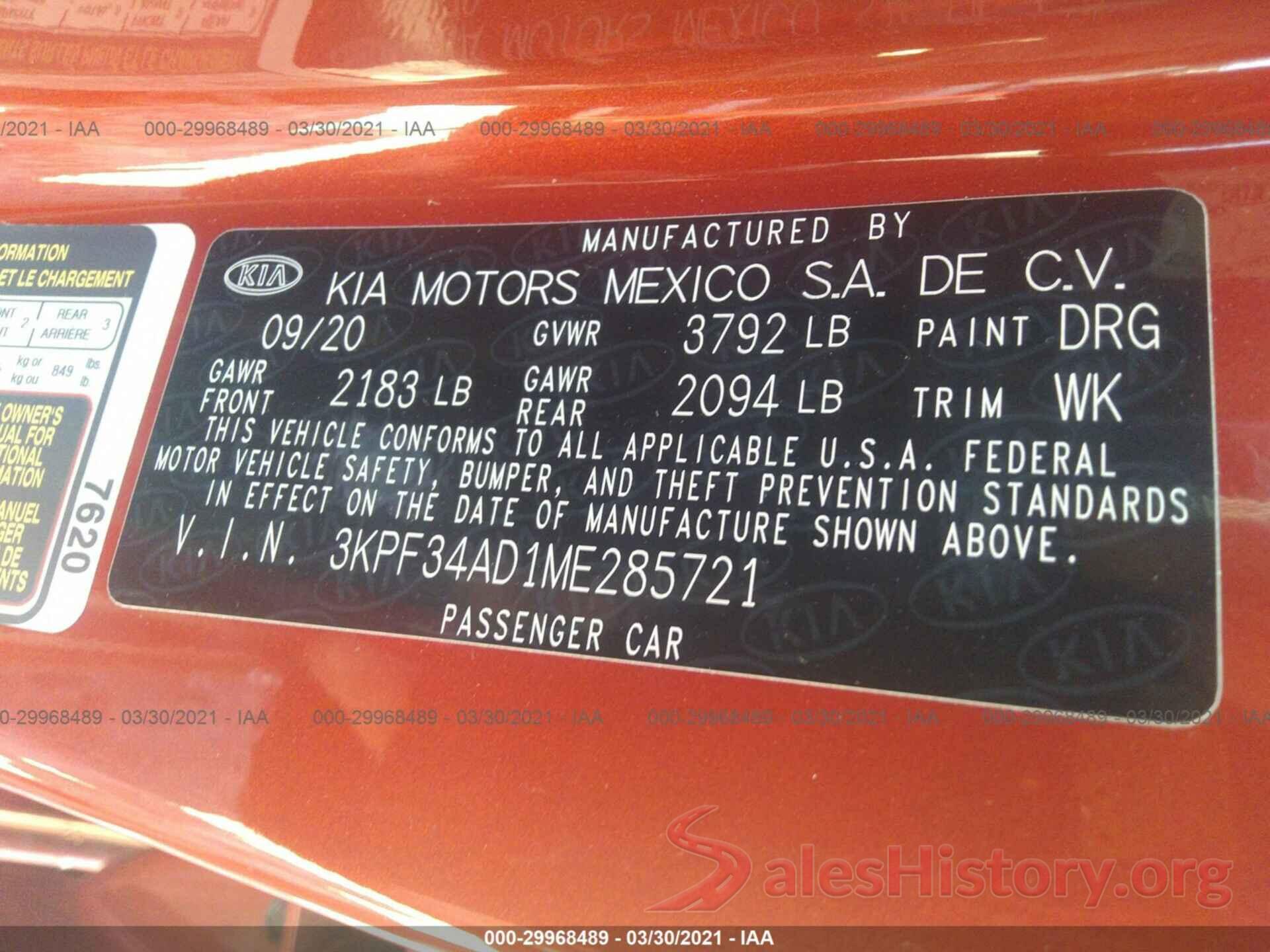 3KPF34AD1ME285721 2021 KIA FORTE