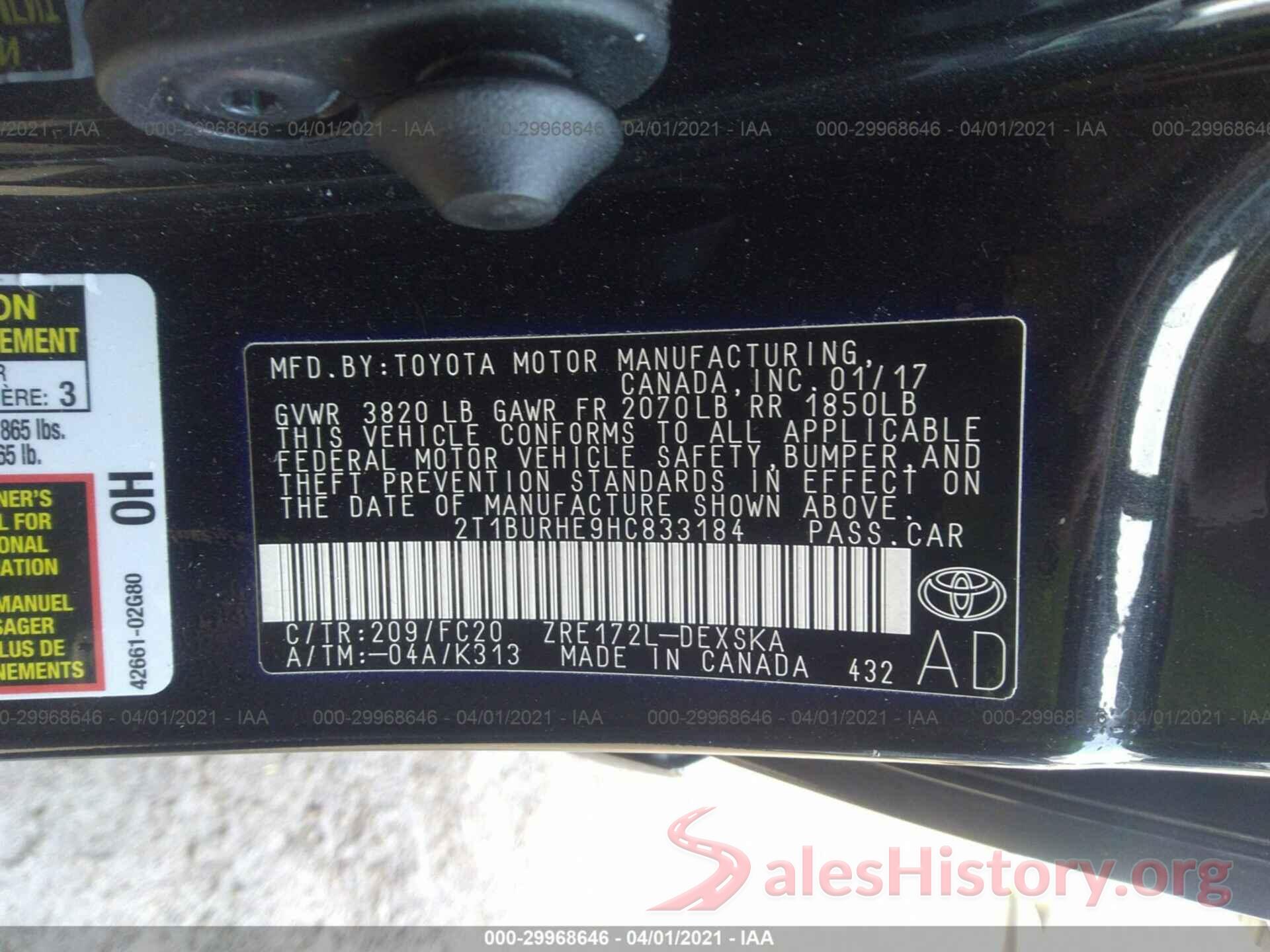 2T1BURHE9HC833184 2017 TOYOTA COROLLA