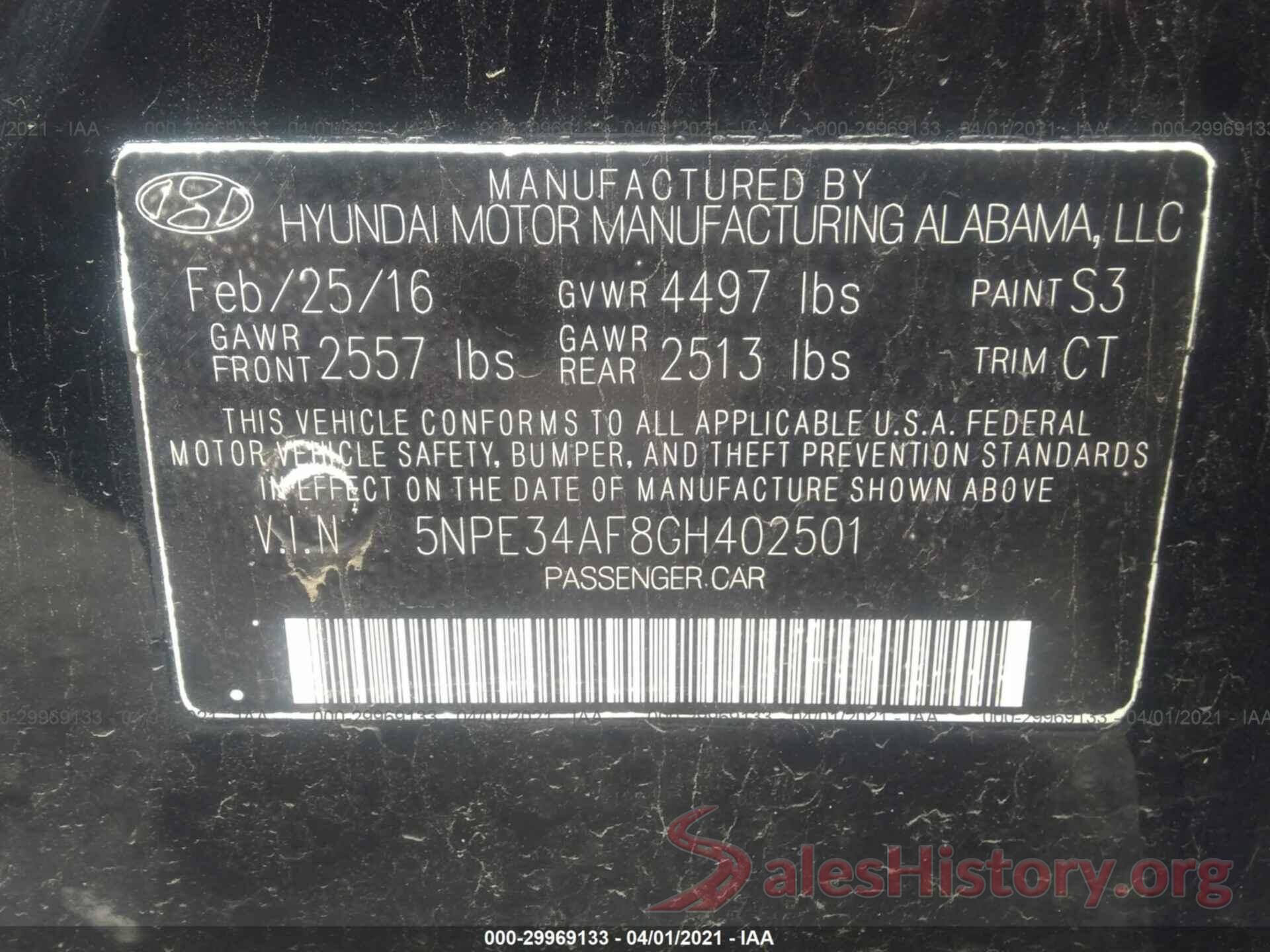 5NPE34AF8GH402501 2016 HYUNDAI SONATA