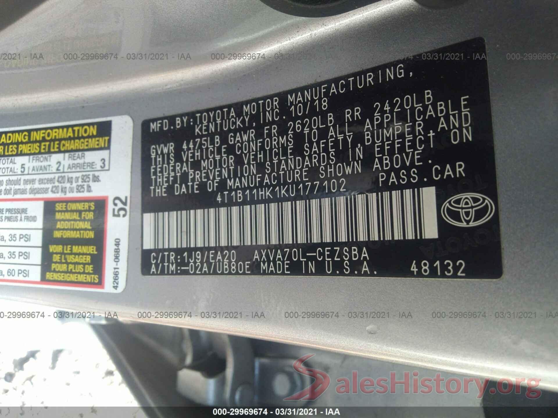 4T1B11HK1KU177102 2019 TOYOTA CAMRY