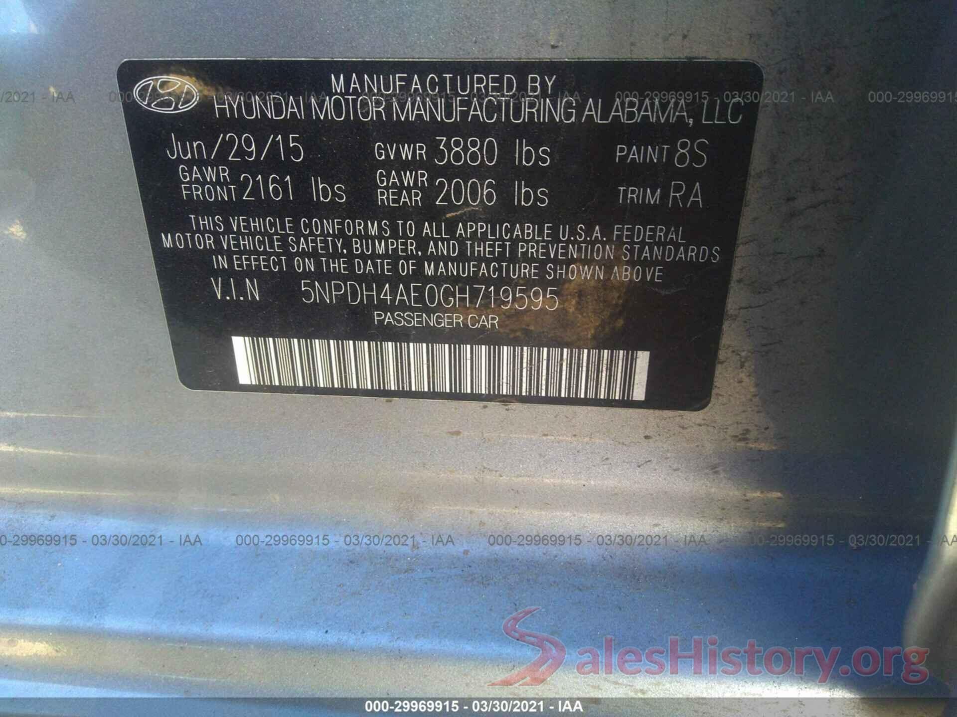 5NPDH4AE0GH719595 2016 HYUNDAI ELANTRA