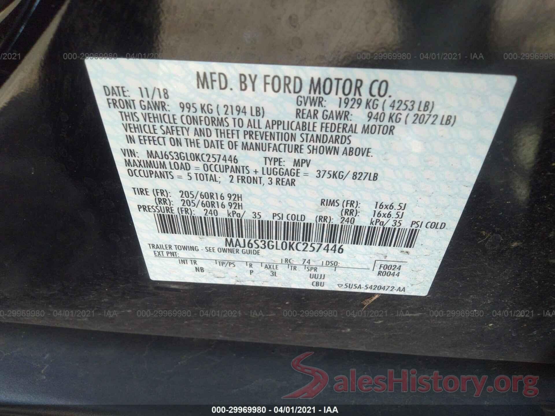 MAJ6S3GL0KC257446 2019 FORD ECOSPORT