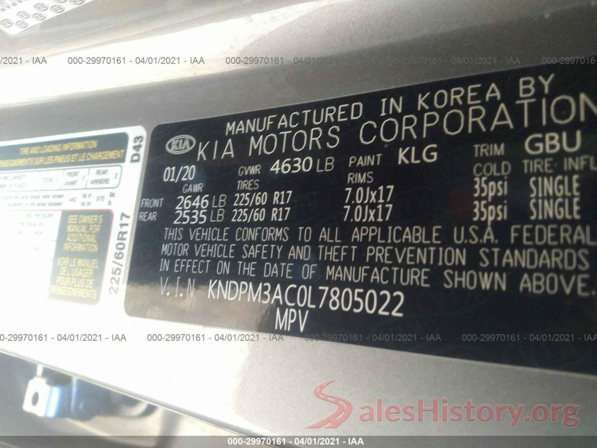 KNDPM3AC0L7805022 2020 KIA SPORTAGE