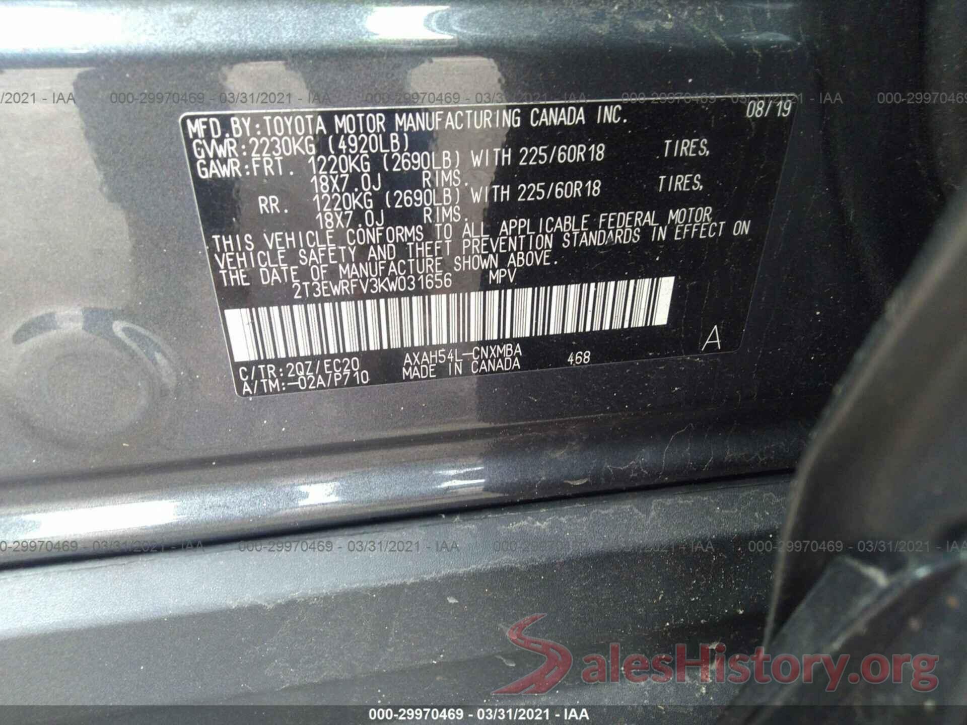 2T3EWRFV3KW031656 2019 TOYOTA RAV4