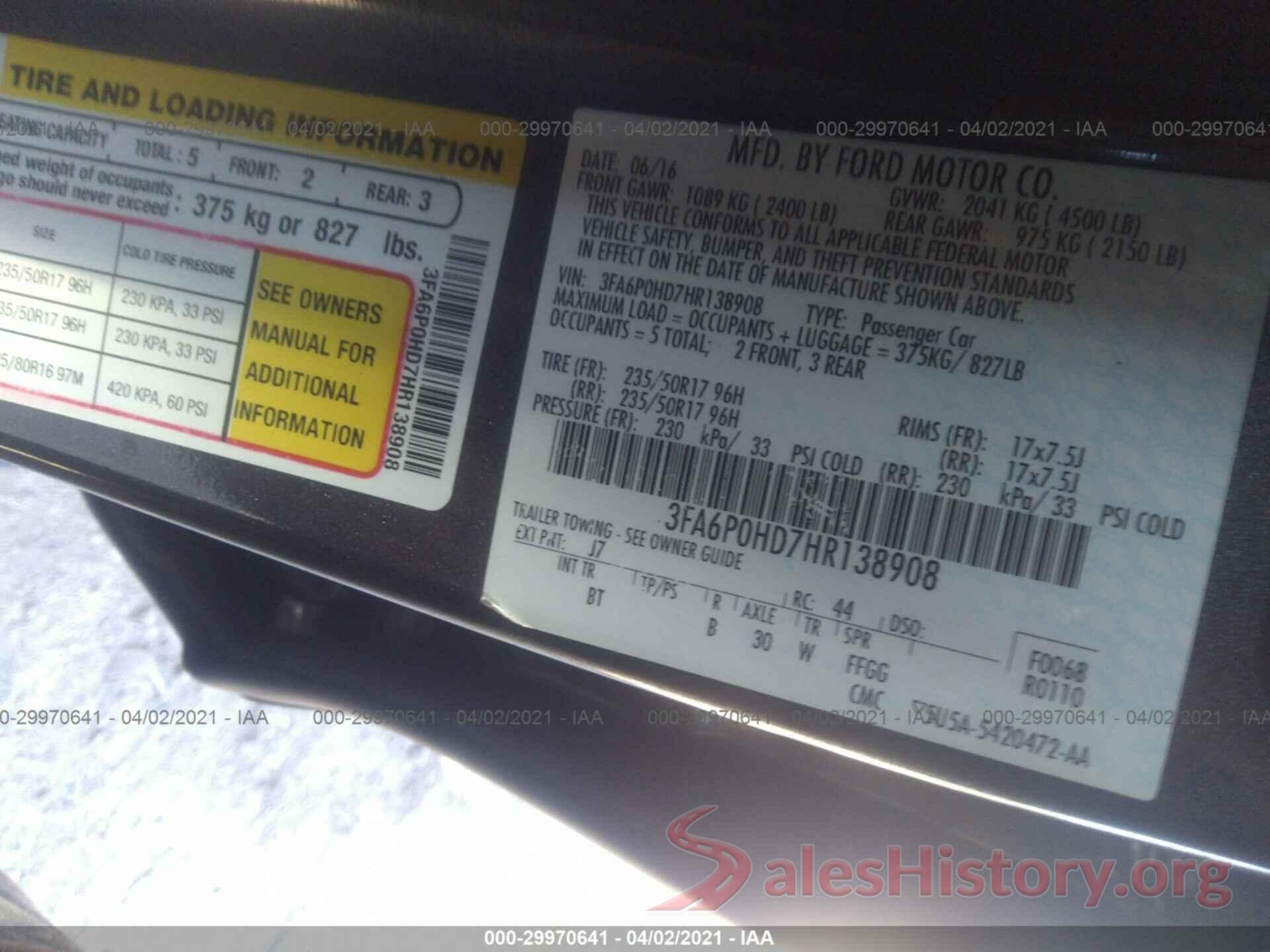 3FA6P0HD7HR138908 2017 FORD FUSION