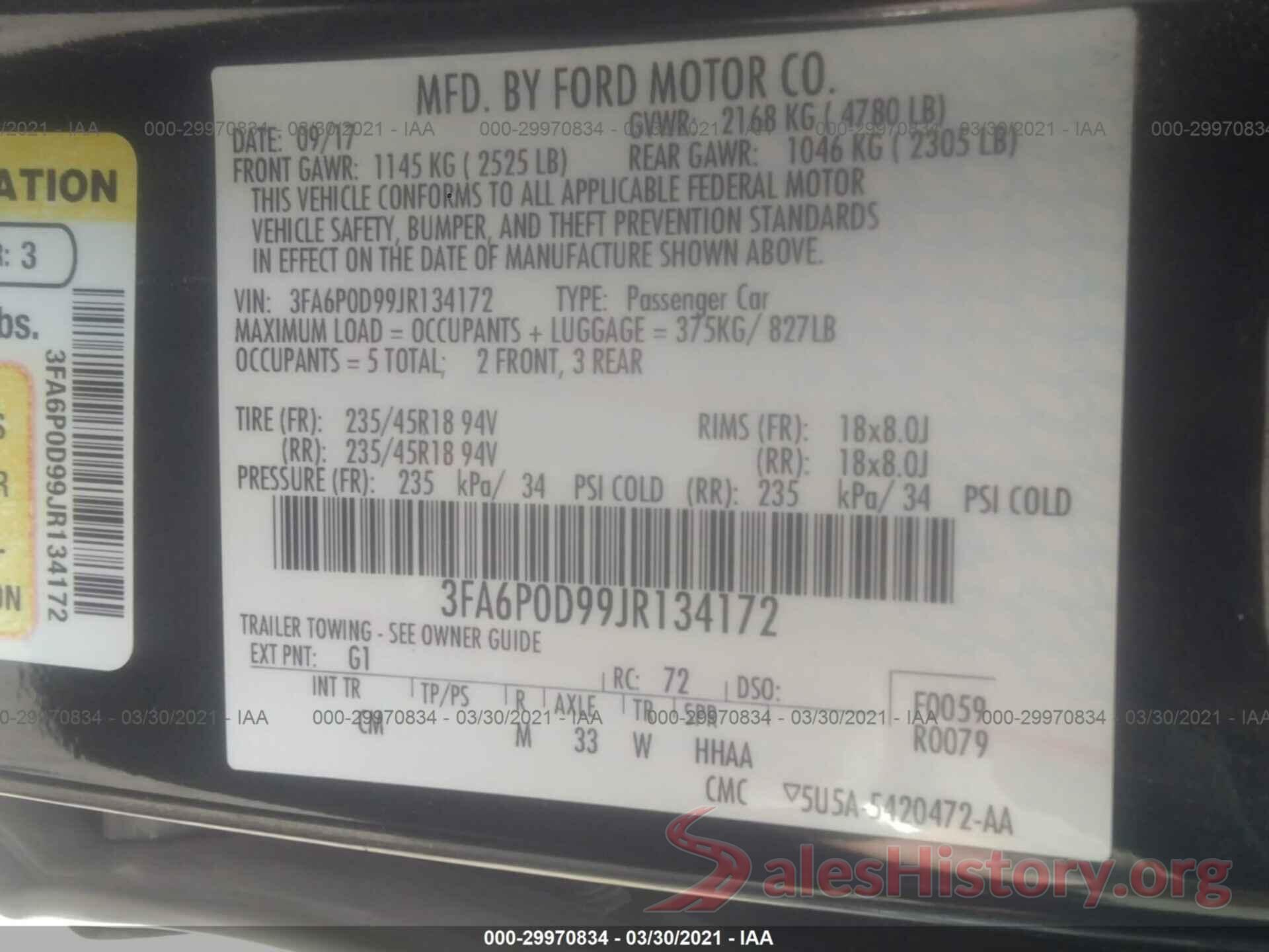 3FA6P0D99JR134172 2018 FORD FUSION