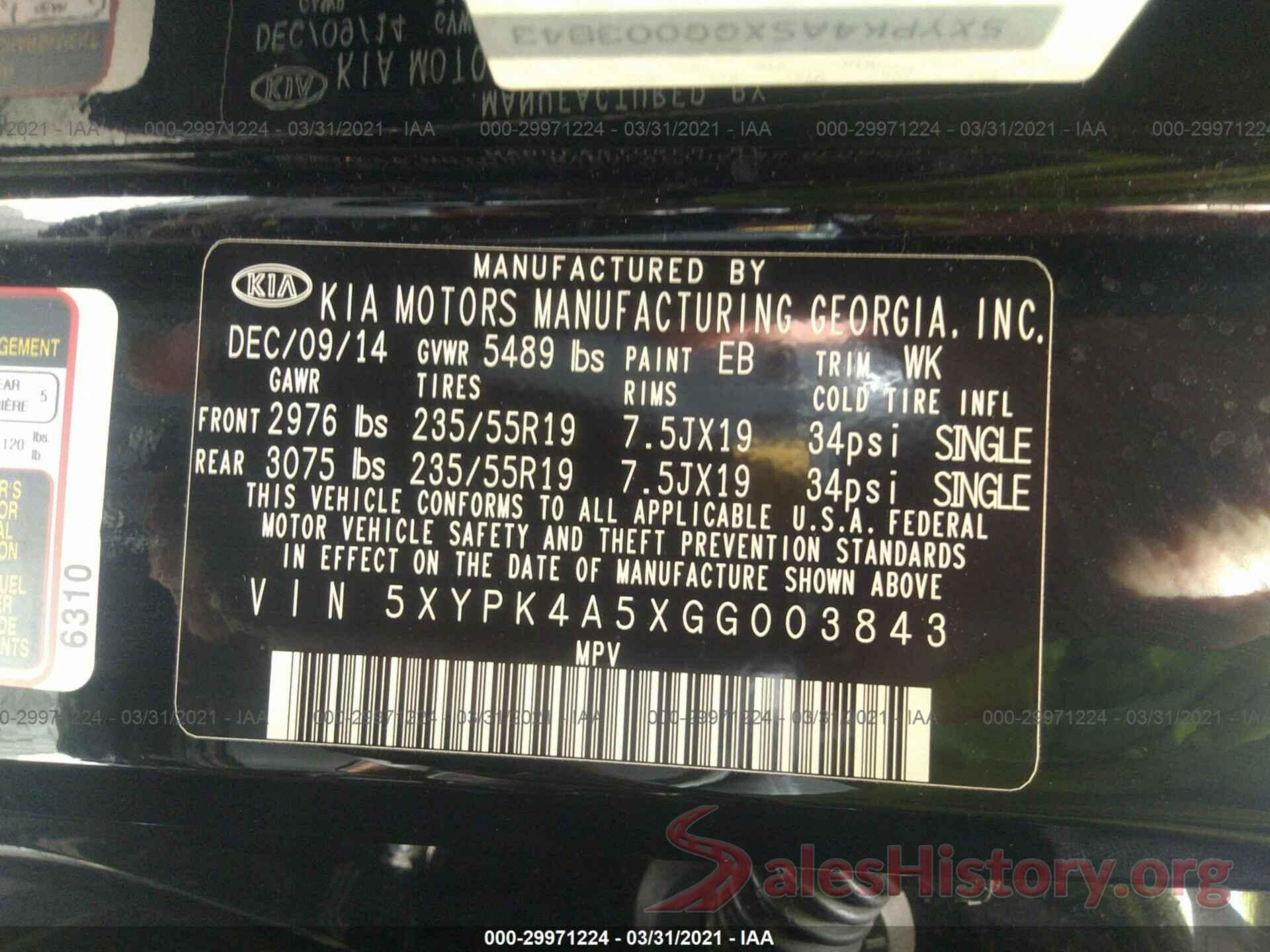 5XYPK4A5XGG003843 2016 KIA SORENTO