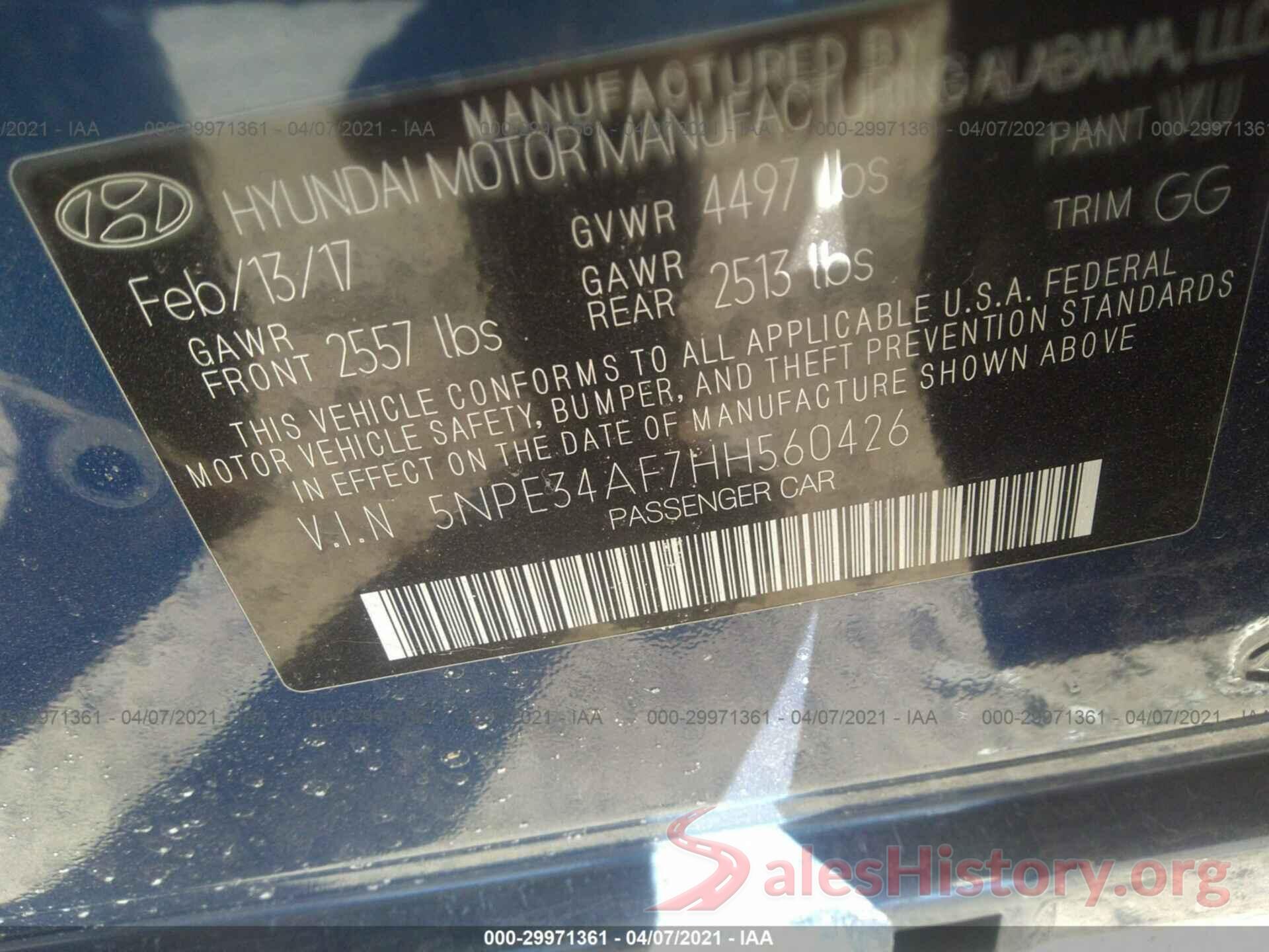 5NPE34AF7HH560426 2017 HYUNDAI SONATA