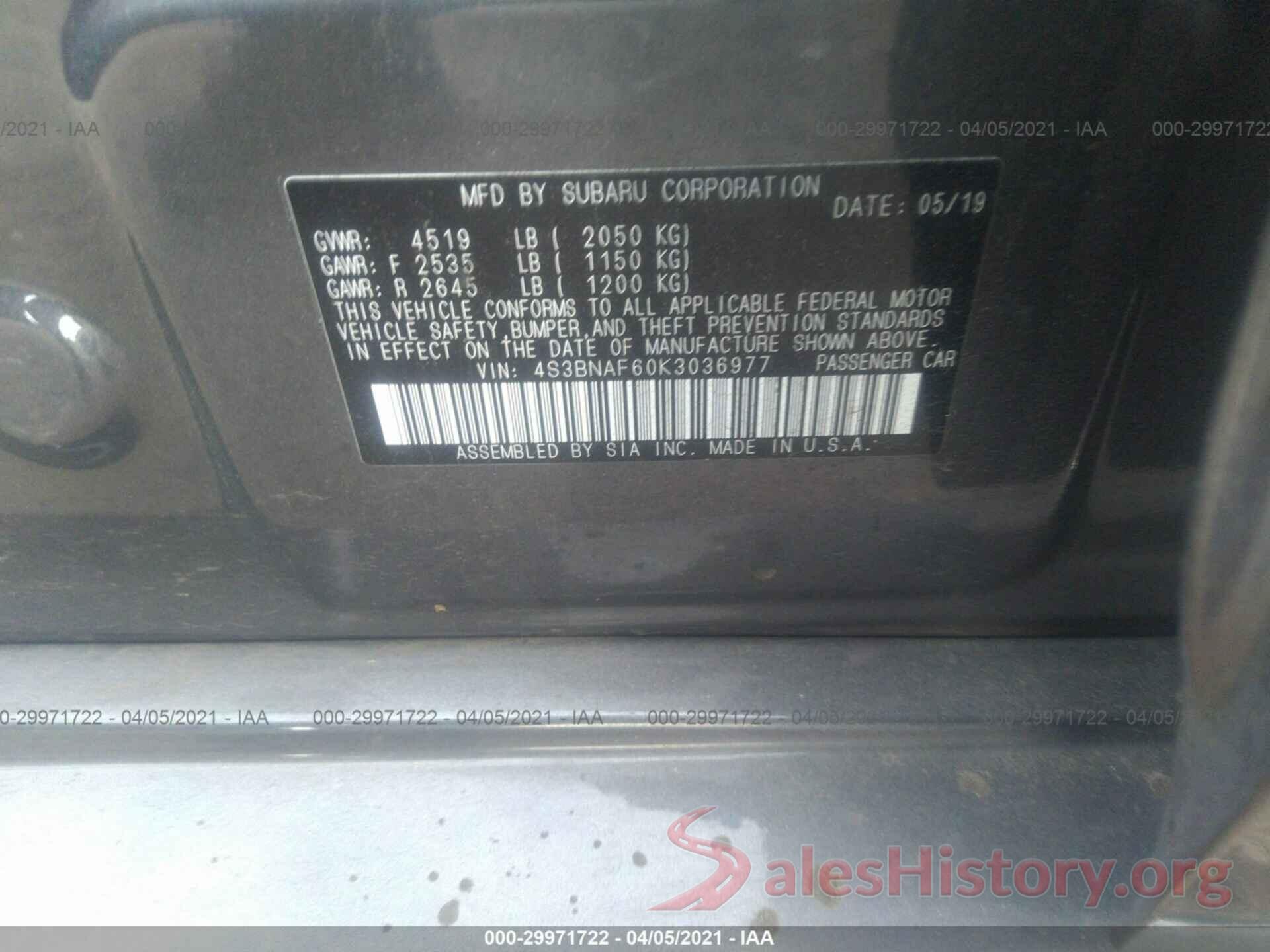 4S3BNAF60K3036977 2019 SUBARU LEGACY