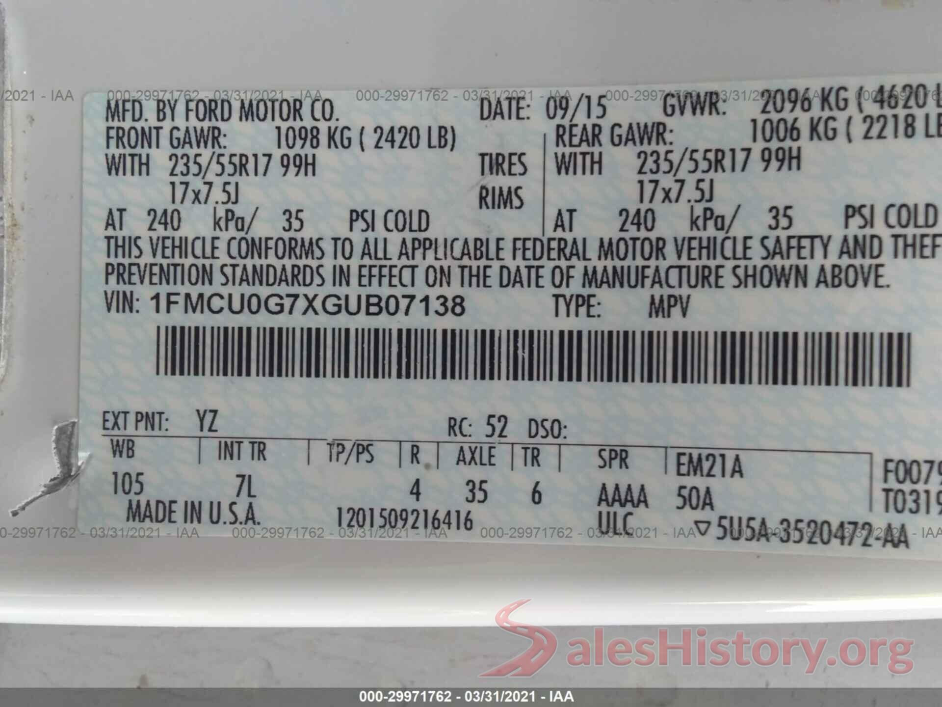 1FMCU0G7XGUB07138 2016 FORD ESCAPE