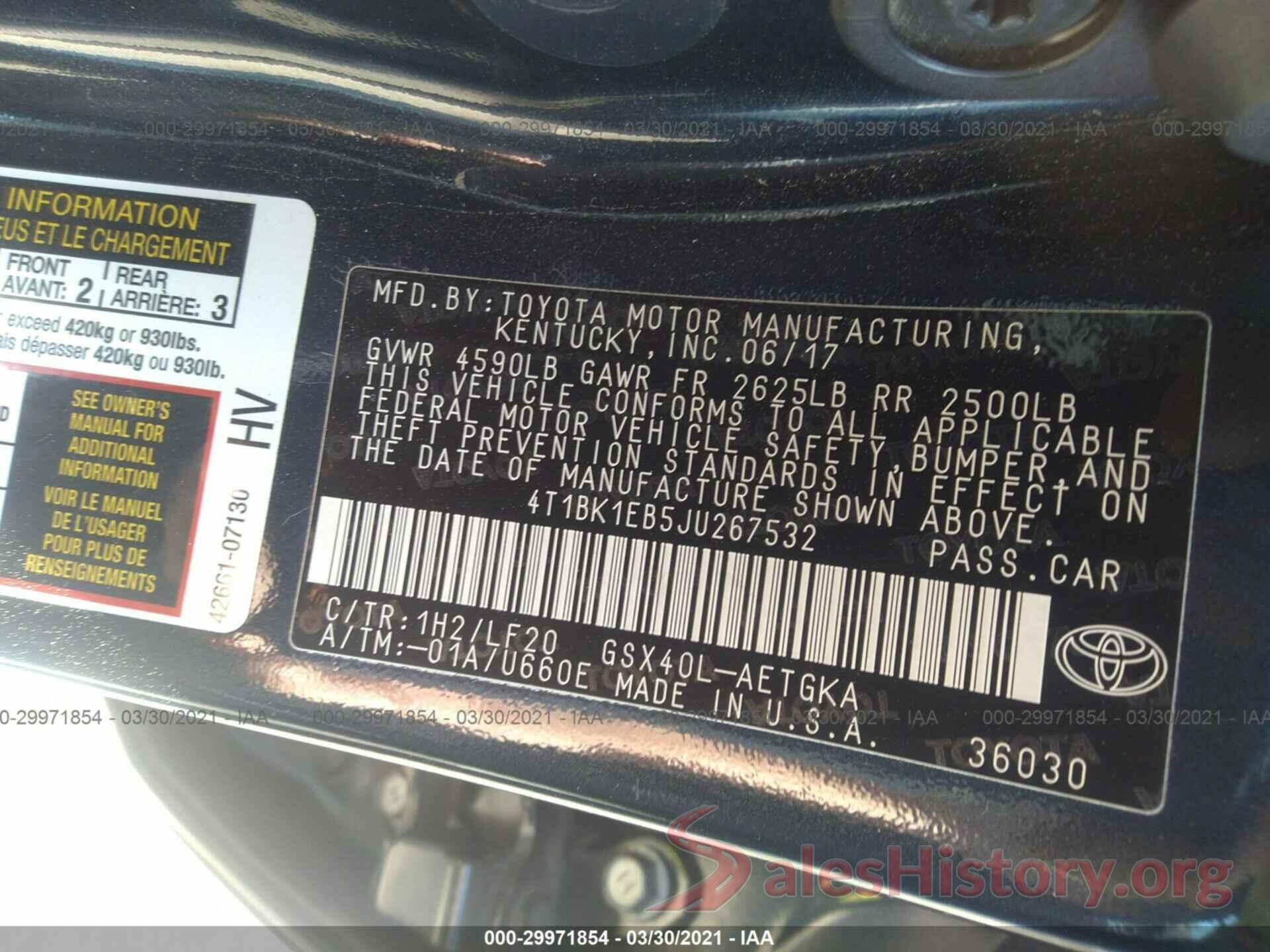 4T1BK1EB5JU267532 2018 TOYOTA AVALON