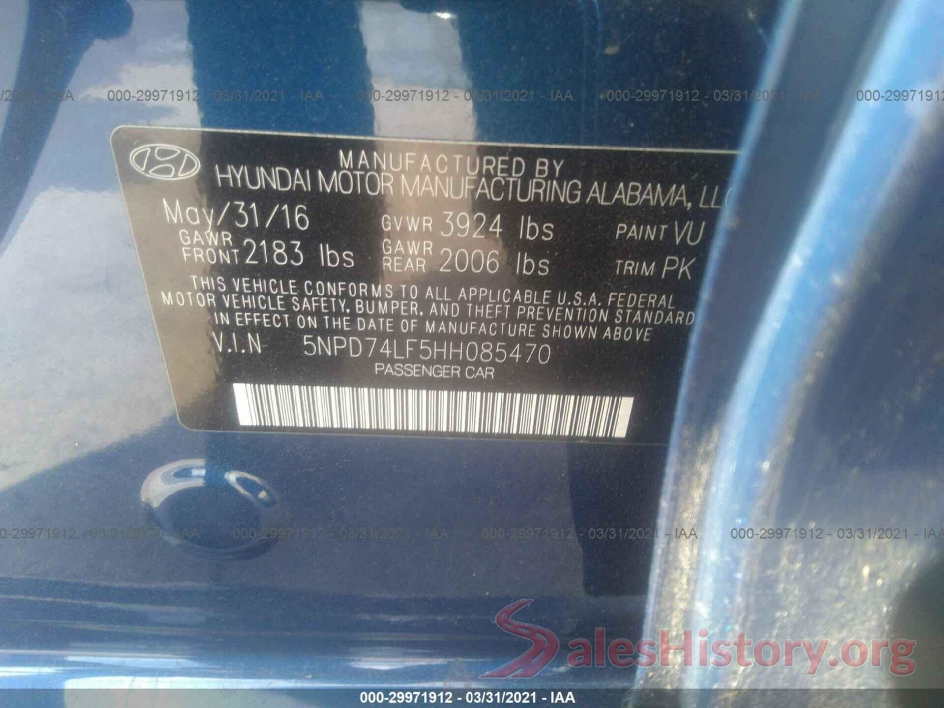 5NPD74LF5HH085470 2017 HYUNDAI ELANTRA