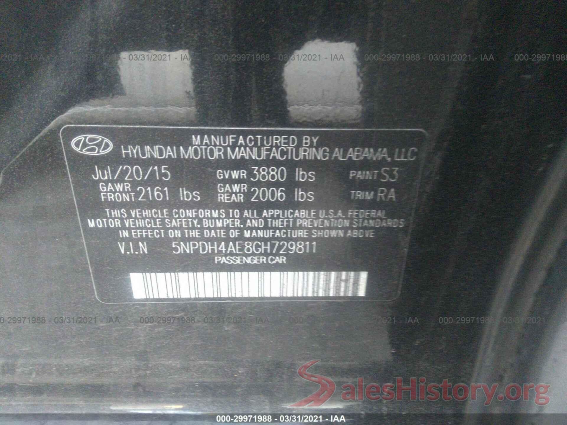 5NPDH4AE8GH729811 2016 HYUNDAI ELANTRA