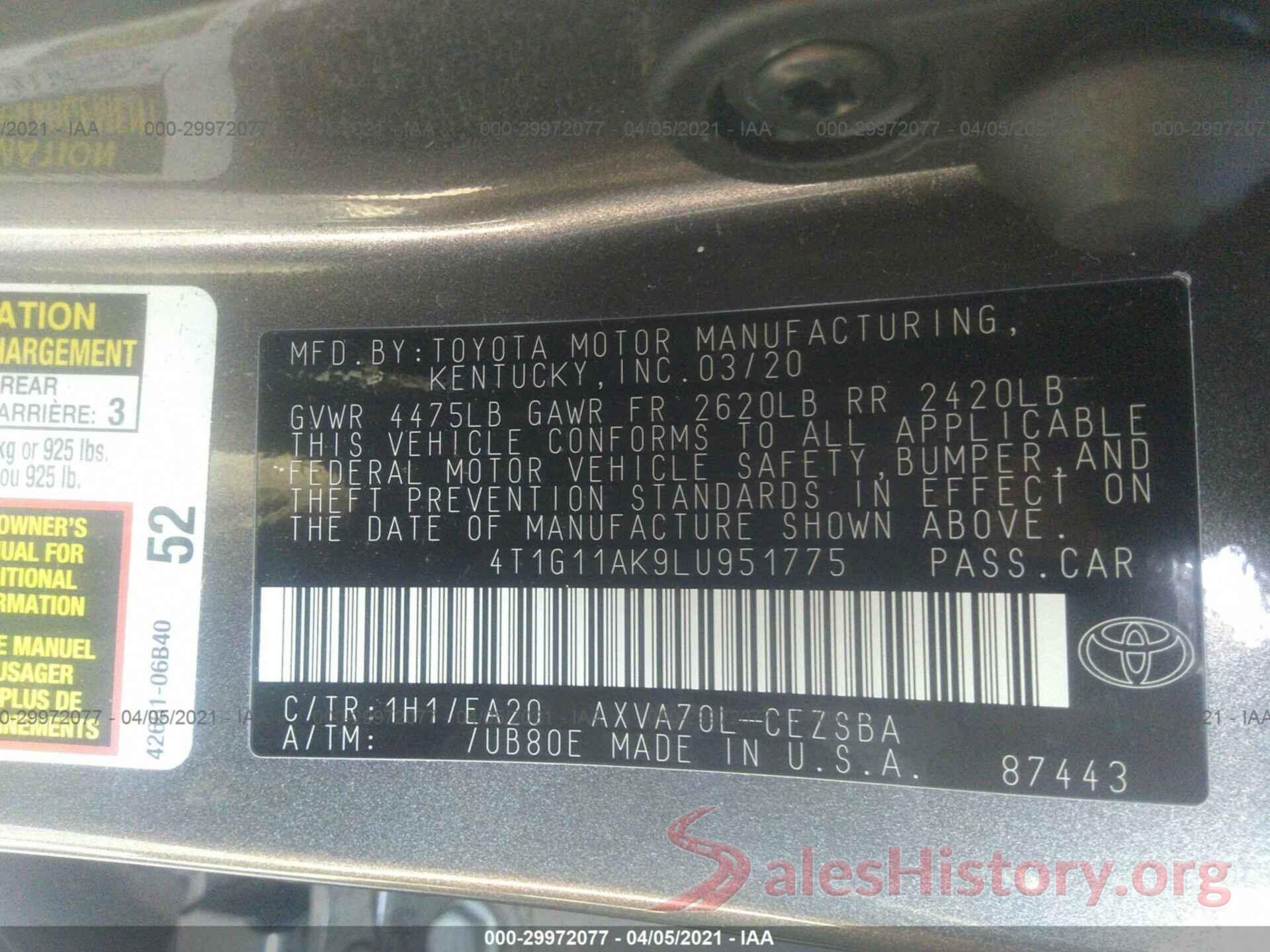 4T1G11AK9LU951775 2020 TOYOTA CAMRY