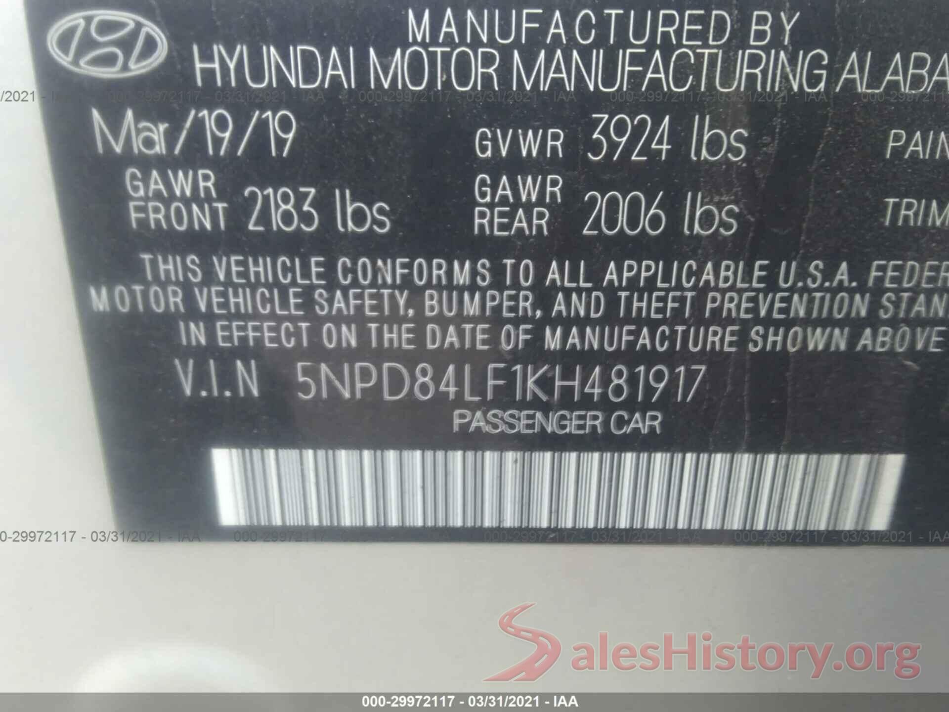 5NPD84LF1KH481917 2019 HYUNDAI ELANTRA