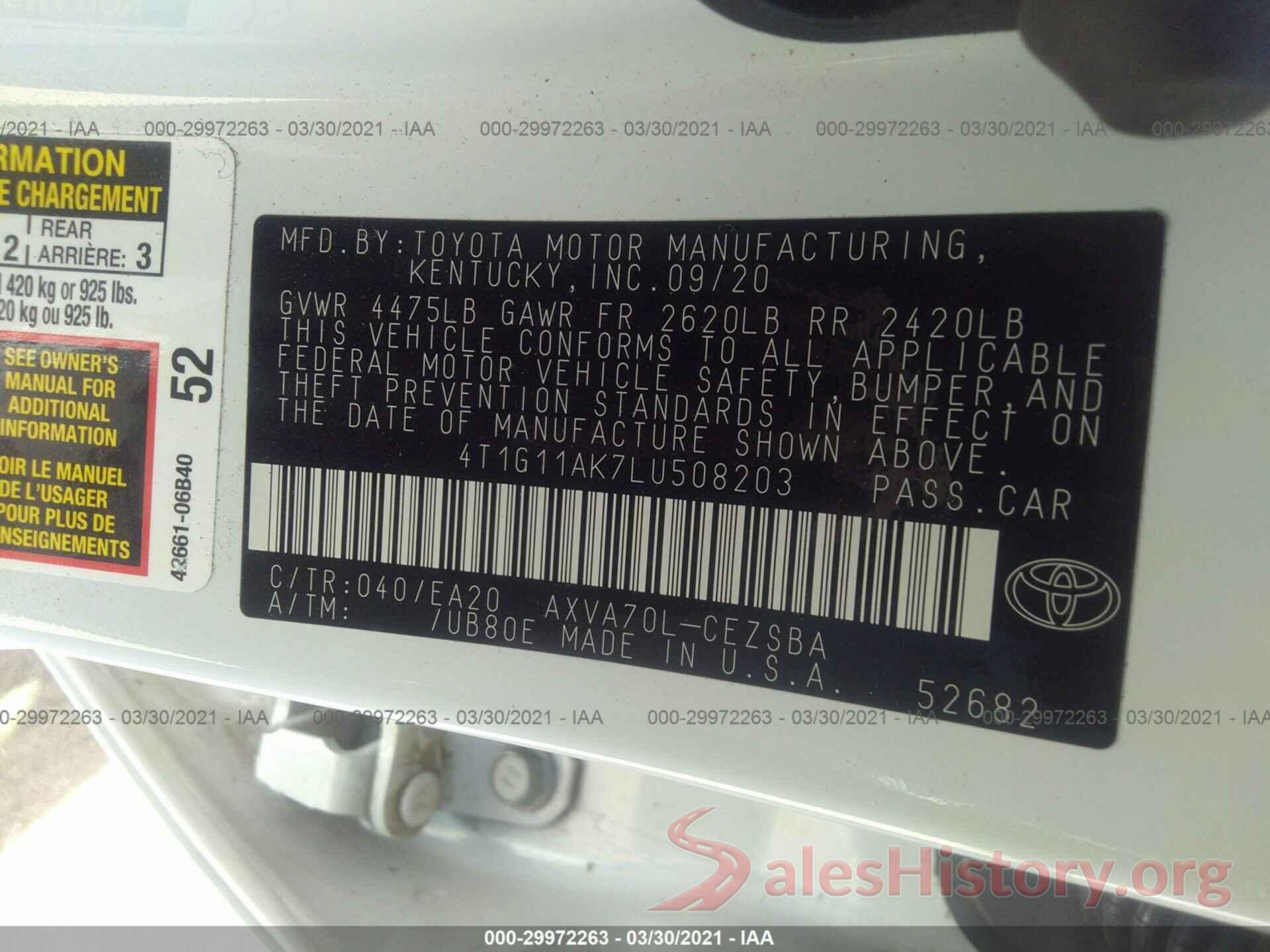 4T1G11AK7LU508203 2020 TOYOTA CAMRY