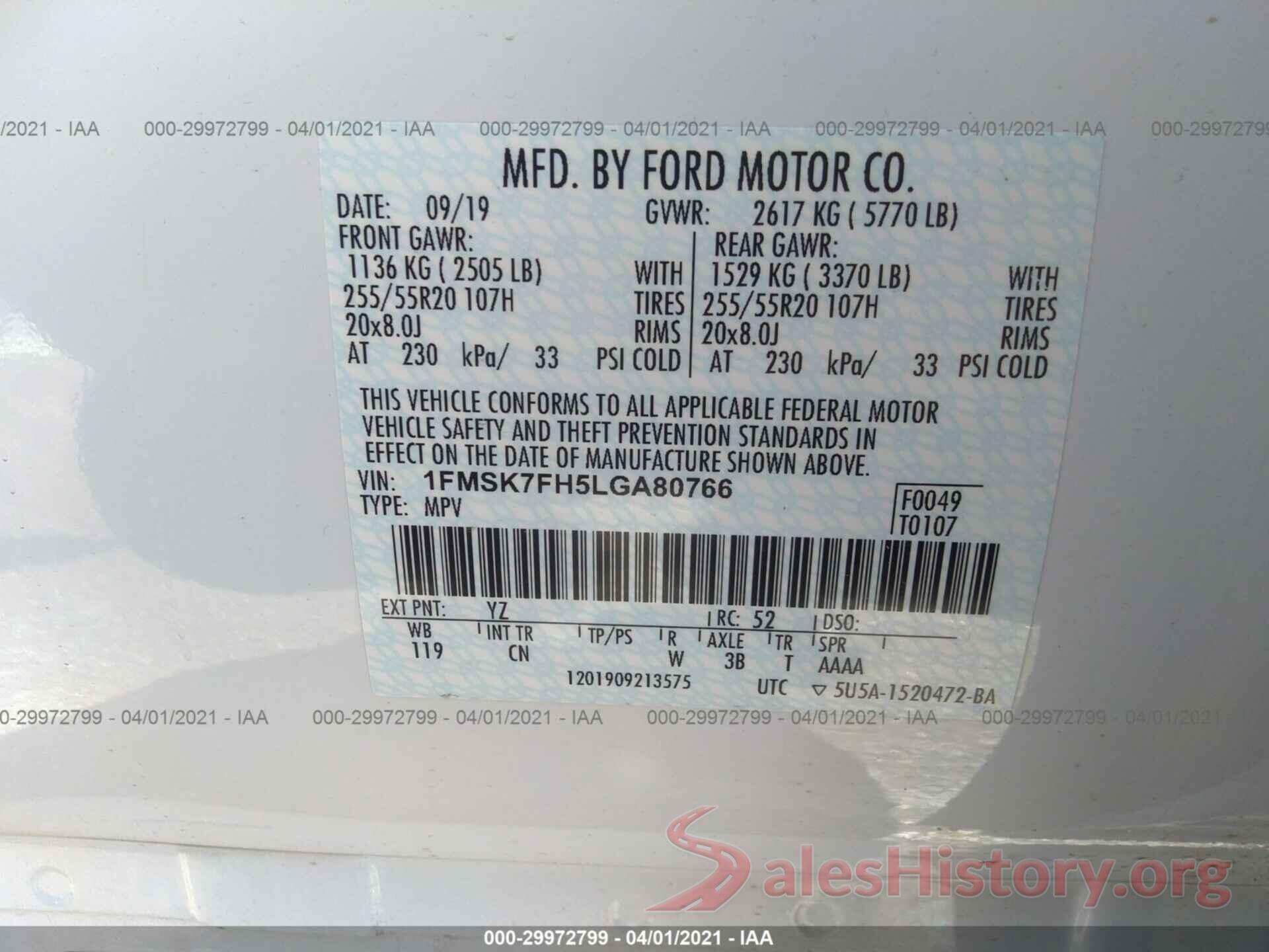 1FMSK7FH5LGA80766 2020 FORD EXPLORER