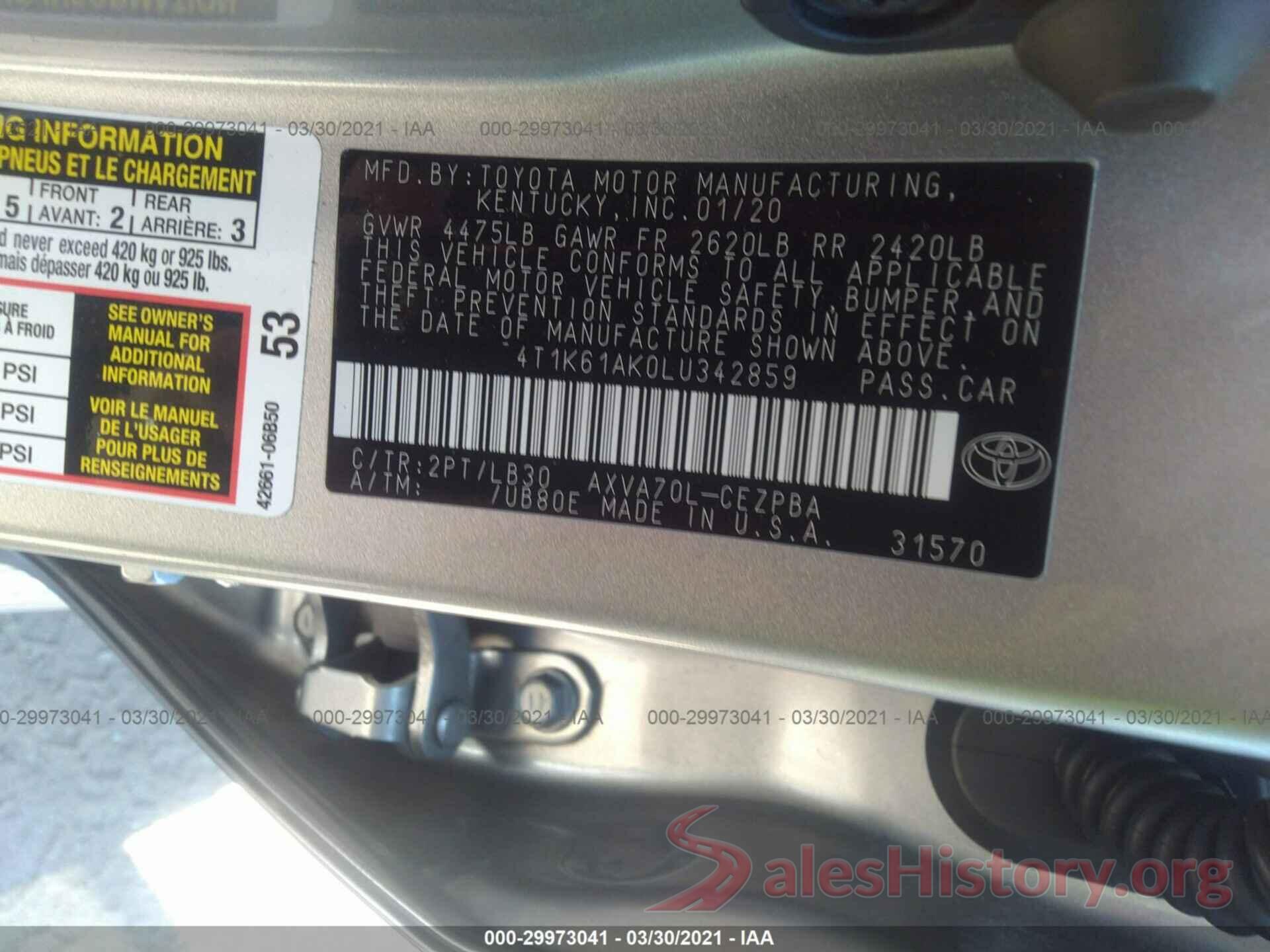 4T1K61AK0LU342859 2020 TOYOTA CAMRY