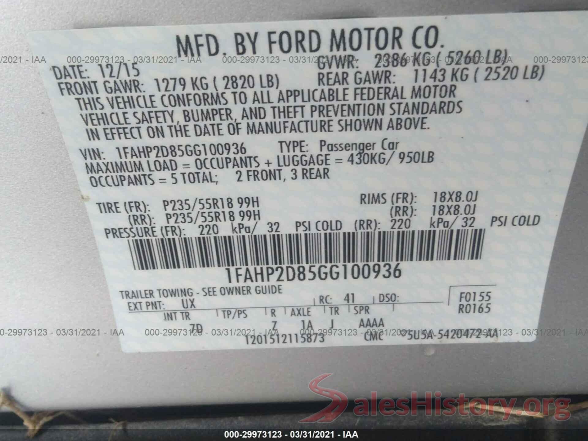 1FAHP2D85GG100936 2016 FORD TAURUS