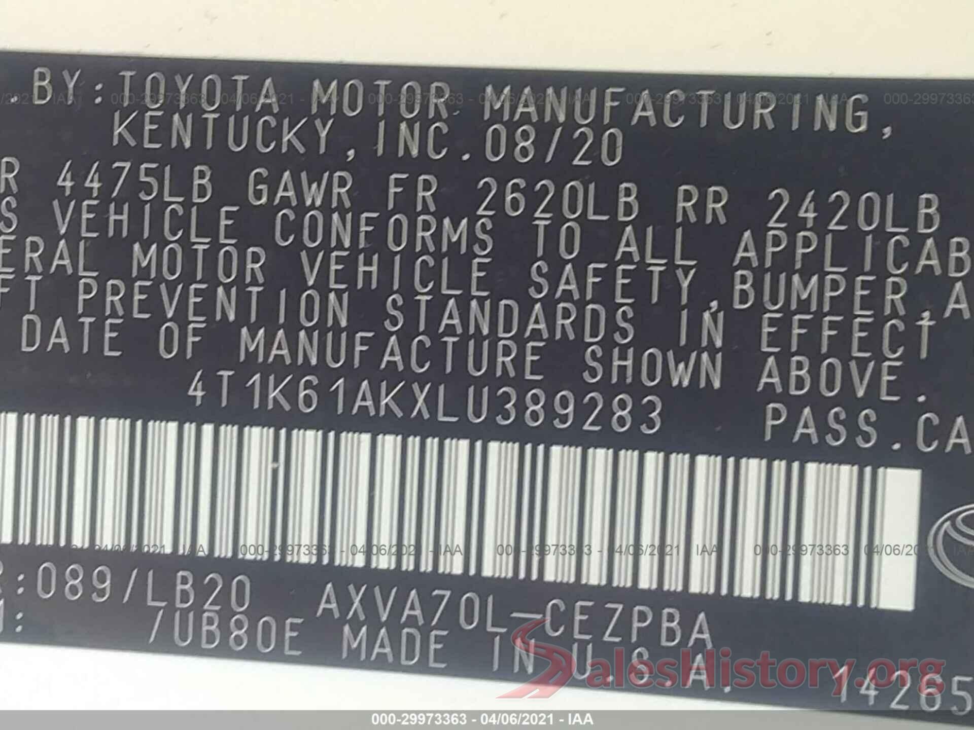 4T1K61AKXLU389283 2020 TOYOTA CAMRY