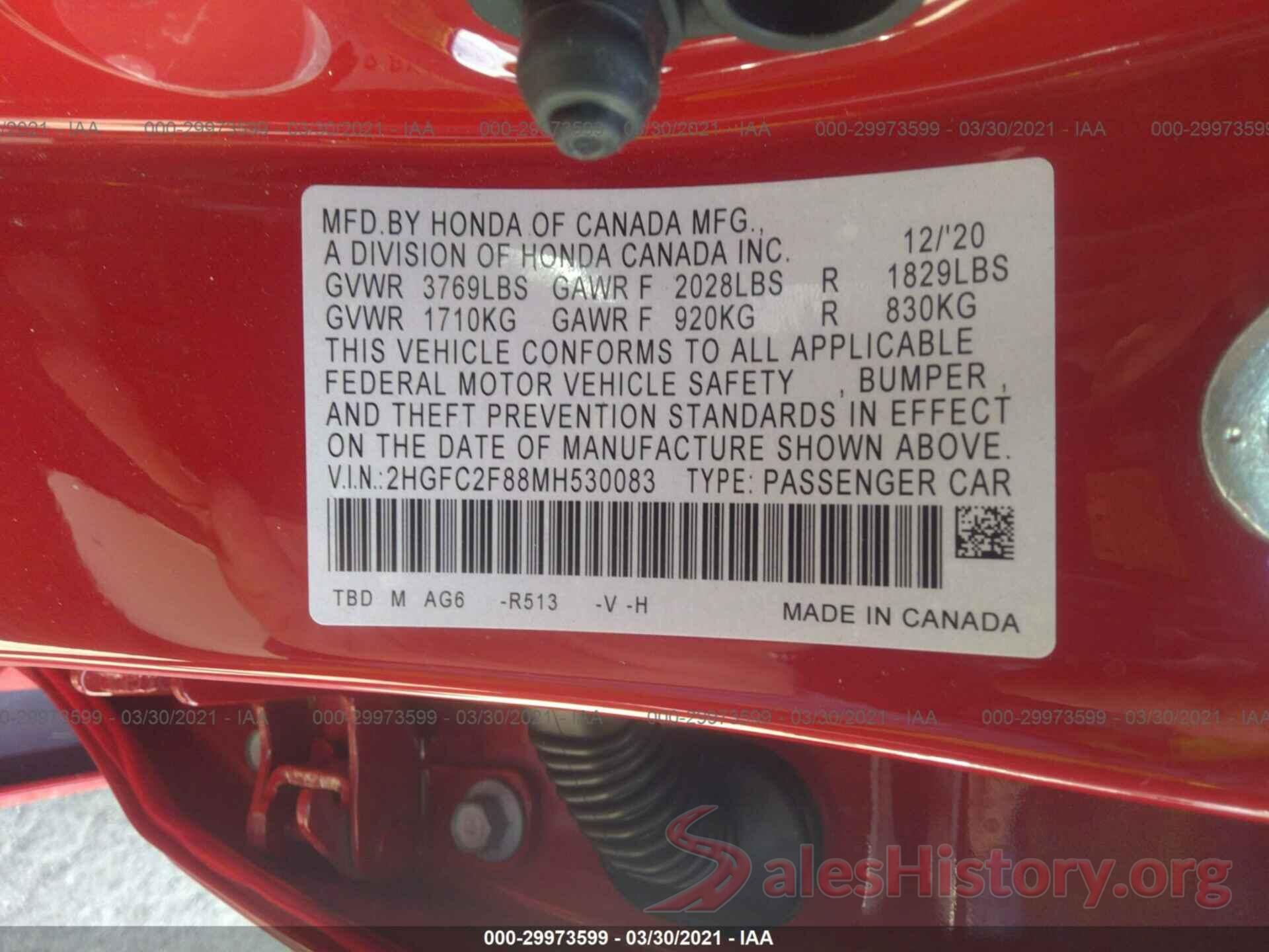 2HGFC2F88MH530083 2021 HONDA CIVIC SEDAN