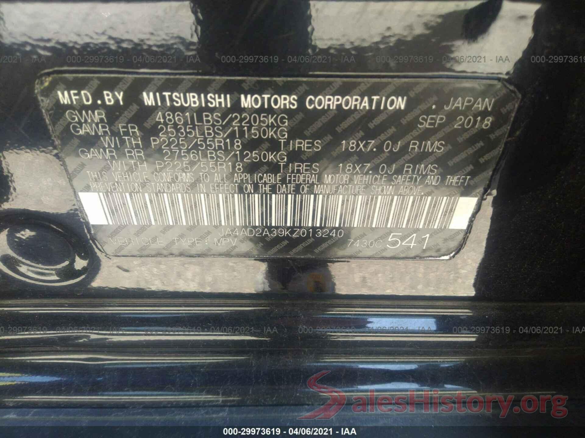 JA4AD2A39KZ013240 2019 MITSUBISHI OUTLANDER