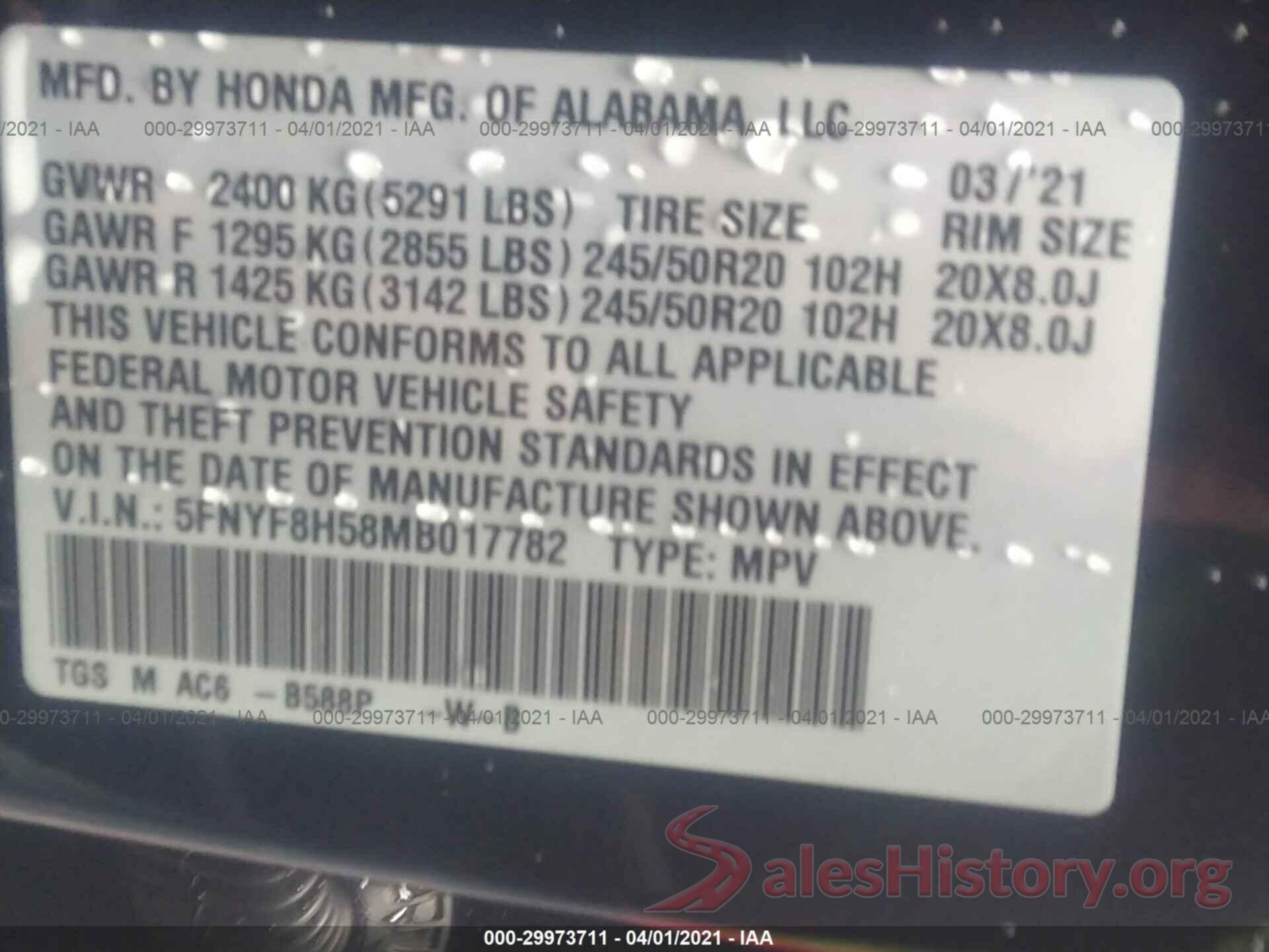 5FNYF8H58MB017782 2021 HONDA PASSPORT