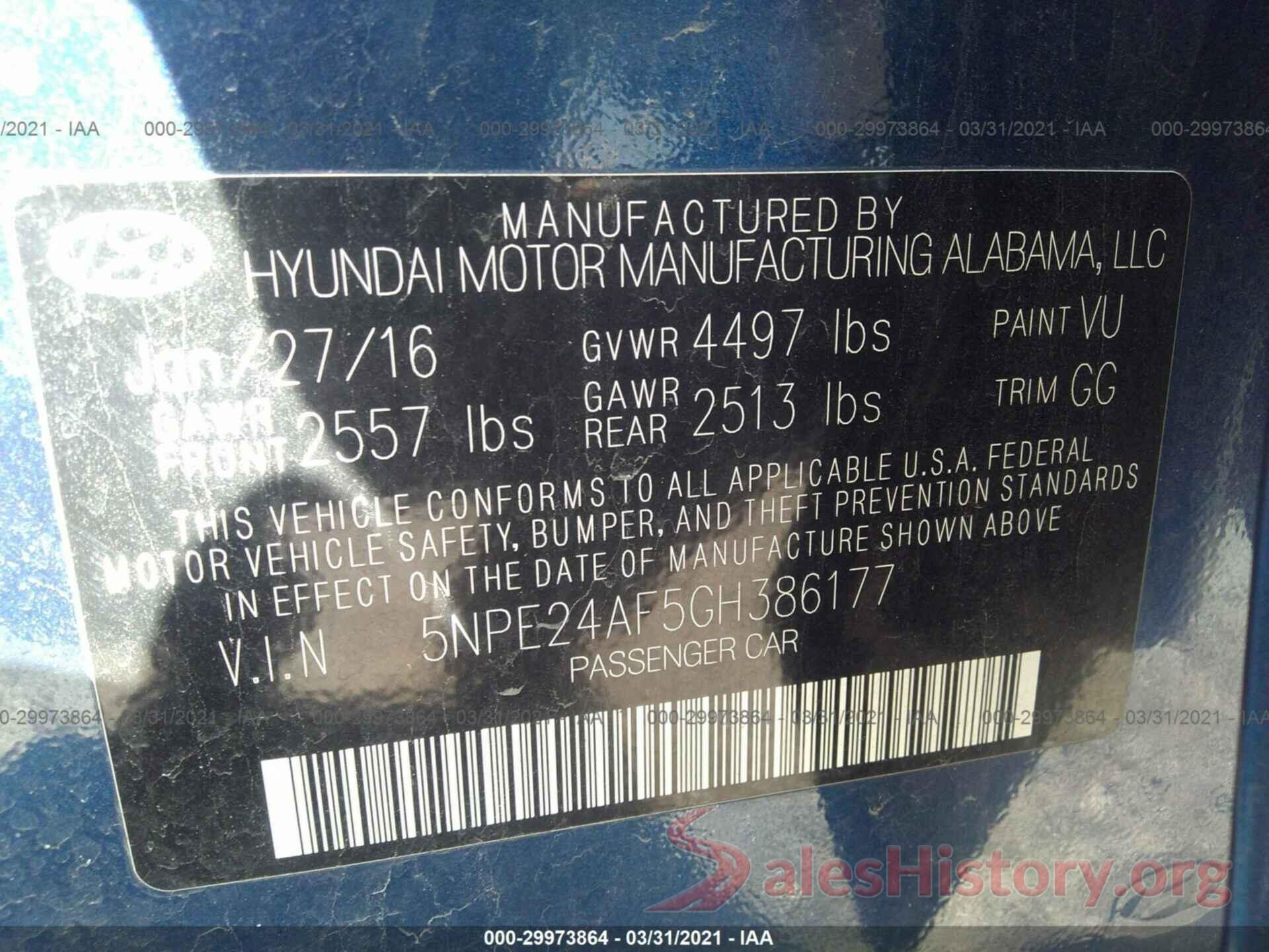 5NPE24AF5GH386177 2016 HYUNDAI SONATA