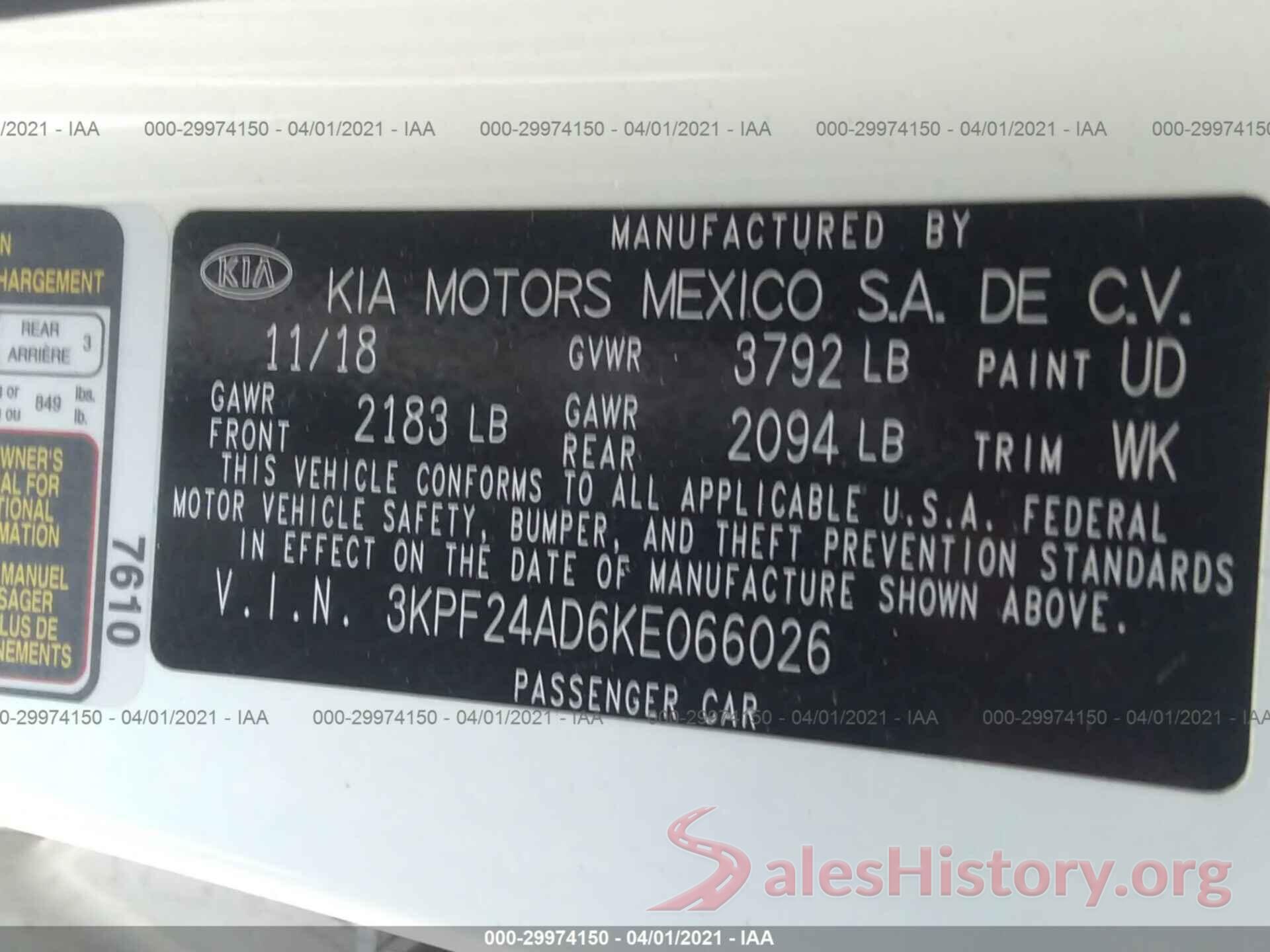 3KPF24AD6KE066026 2019 KIA FORTE