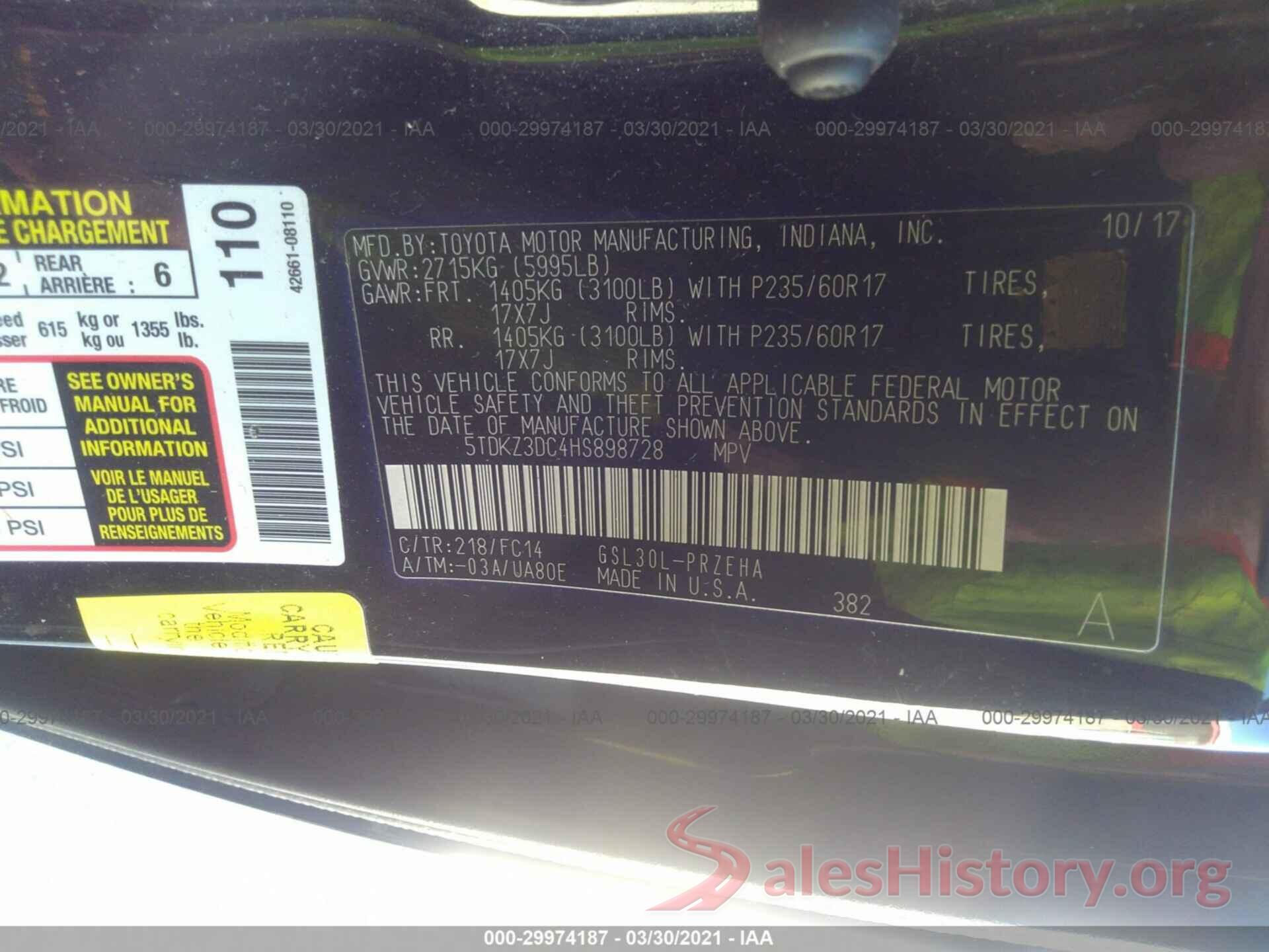 5TDKZ3DC4HS898728 2017 TOYOTA SIENNA