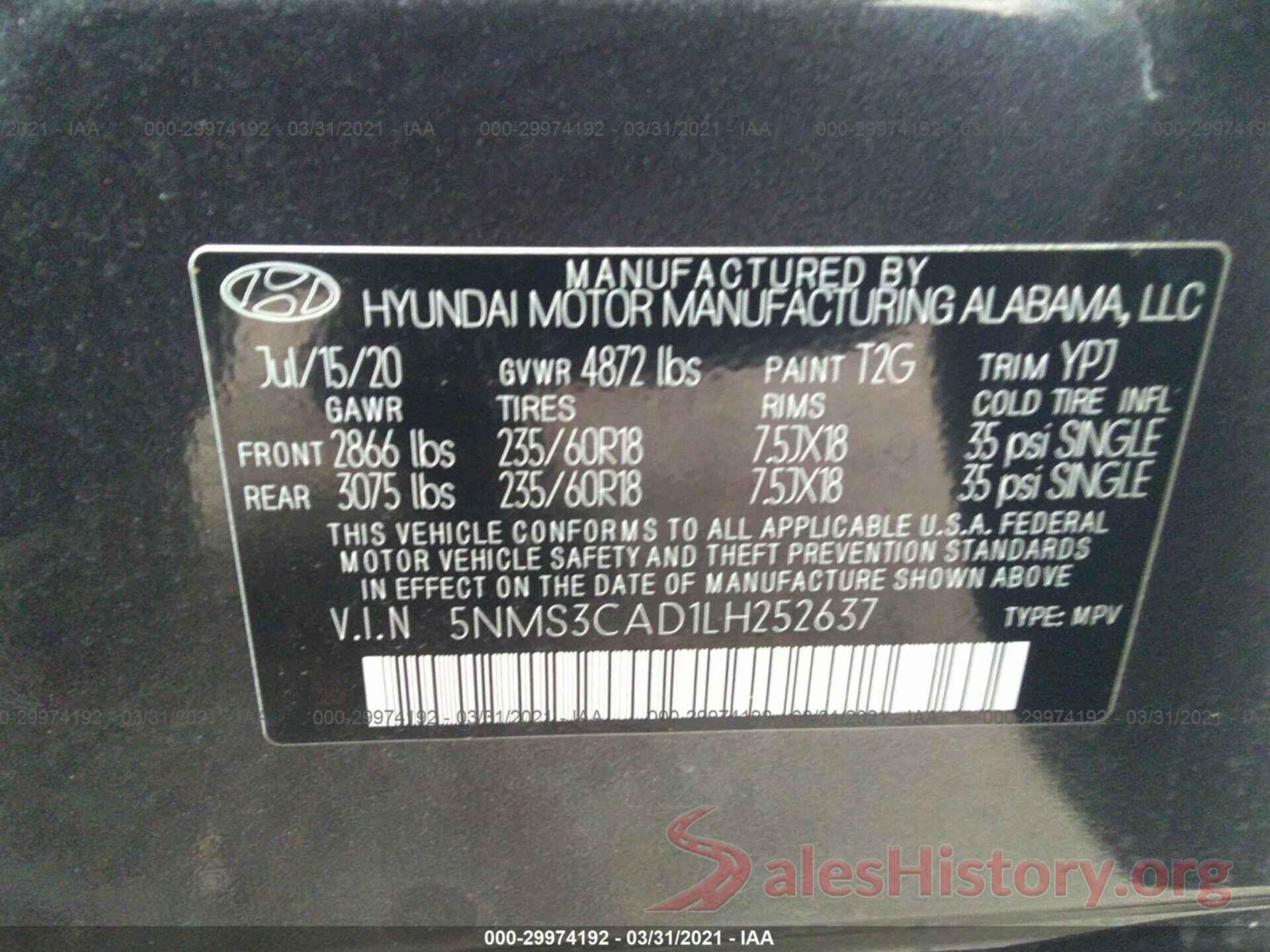 5NMS3CAD1LH252637 2020 HYUNDAI SANTA FE