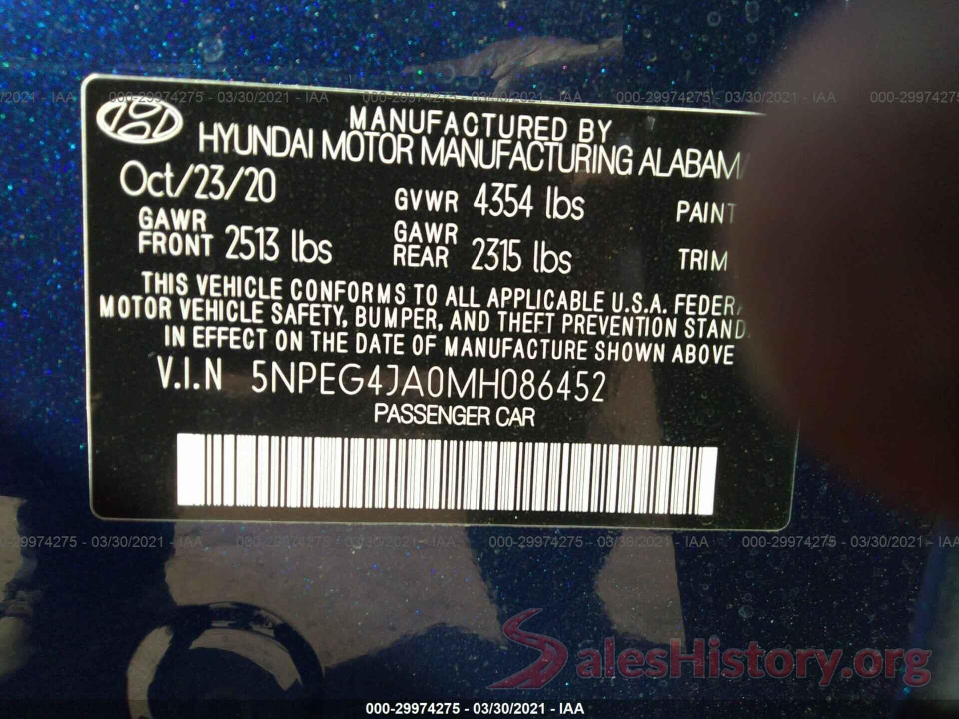 5NPEG4JA0MH086452 2021 HYUNDAI SONATA