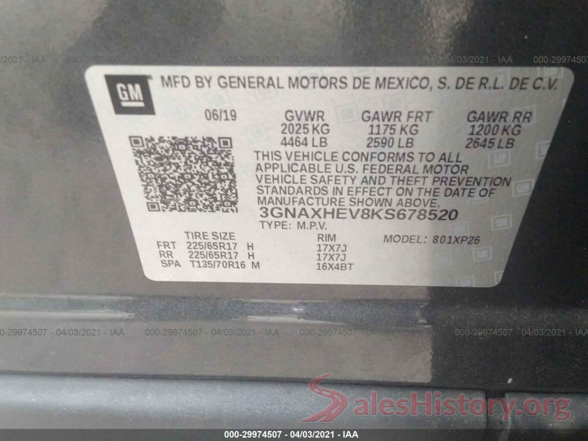 3GNAXHEV8KS678520 2019 CHEVROLET EQUINOX