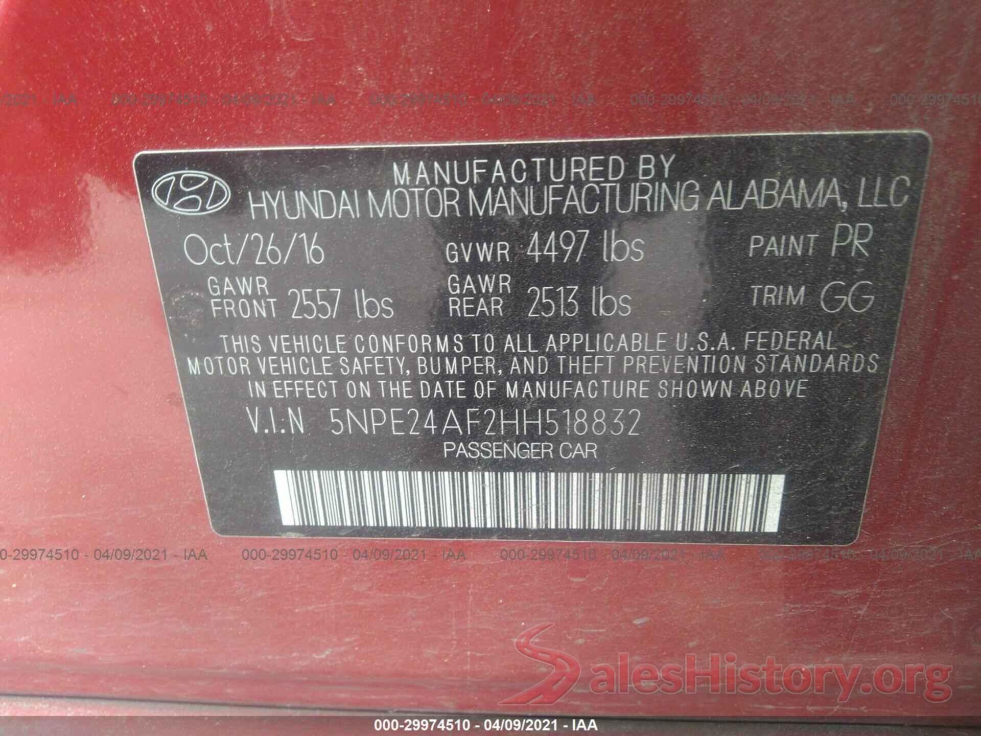 5NPE24AF2HH518832 2017 HYUNDAI SONATA