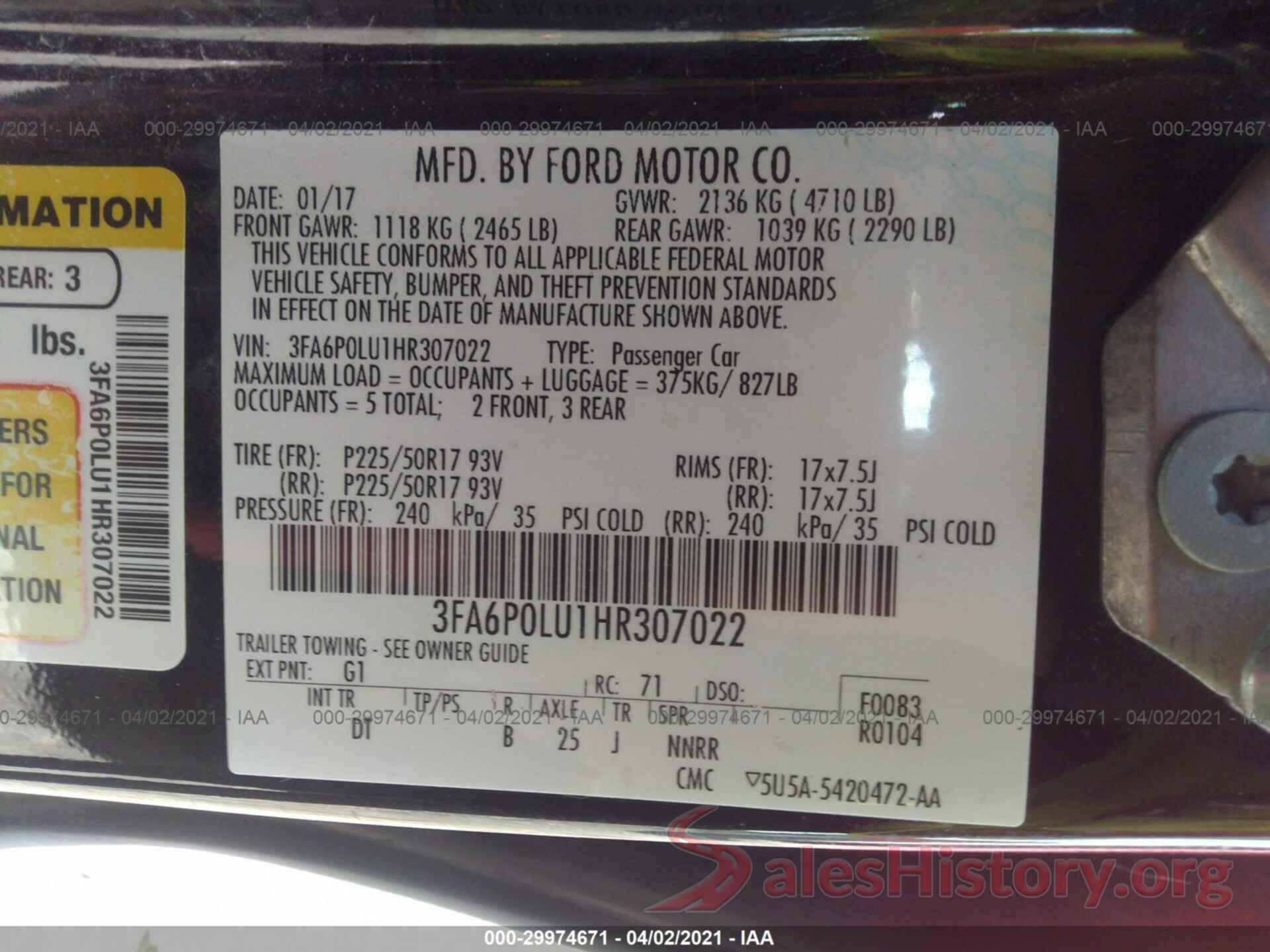 3FA6P0LU1HR307022 2017 FORD FUSION