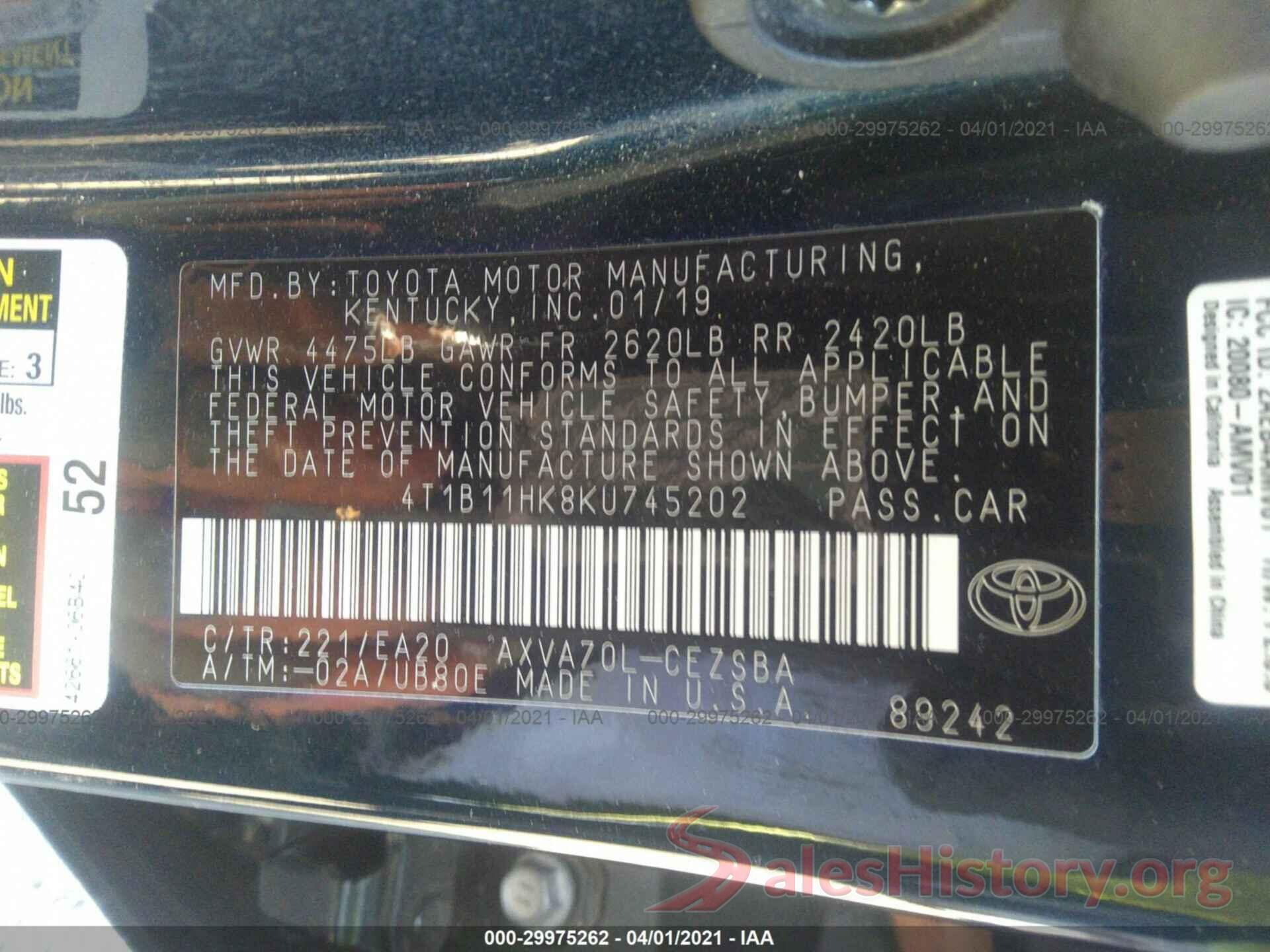 4T1B11HK8KU745202 2019 TOYOTA CAMRY