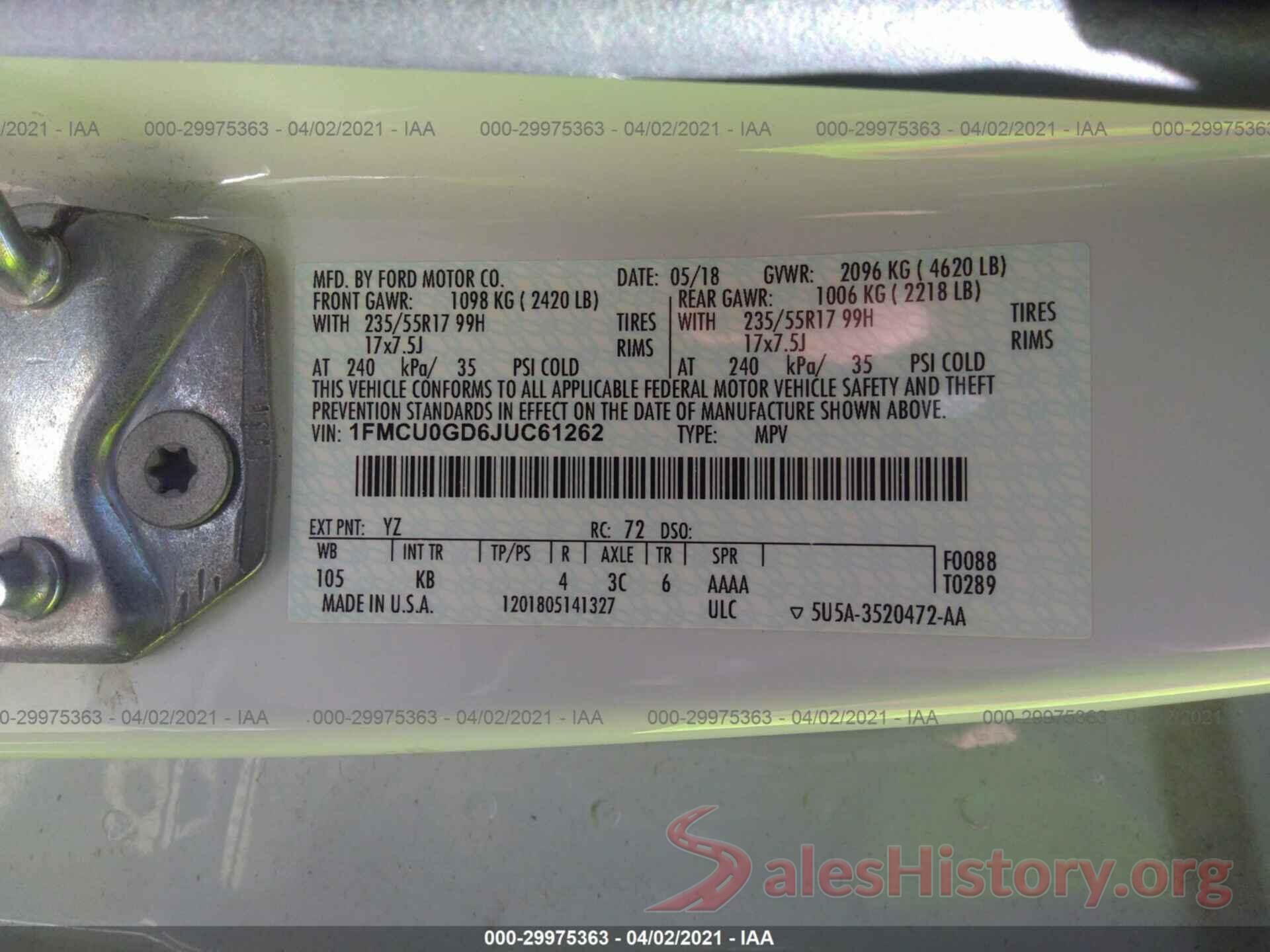 1FMCU0GD6JUC61262 2018 FORD ESCAPE