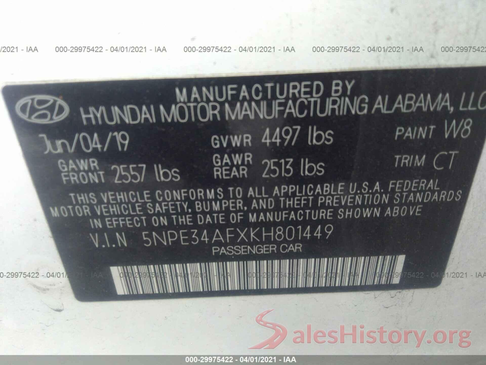 5NPE34AFXKH801449 2019 HYUNDAI SONATA