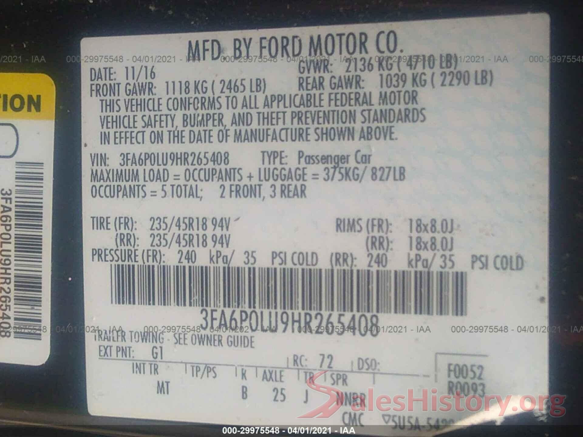 3FA6P0LU9HR265408 2017 FORD FUSION