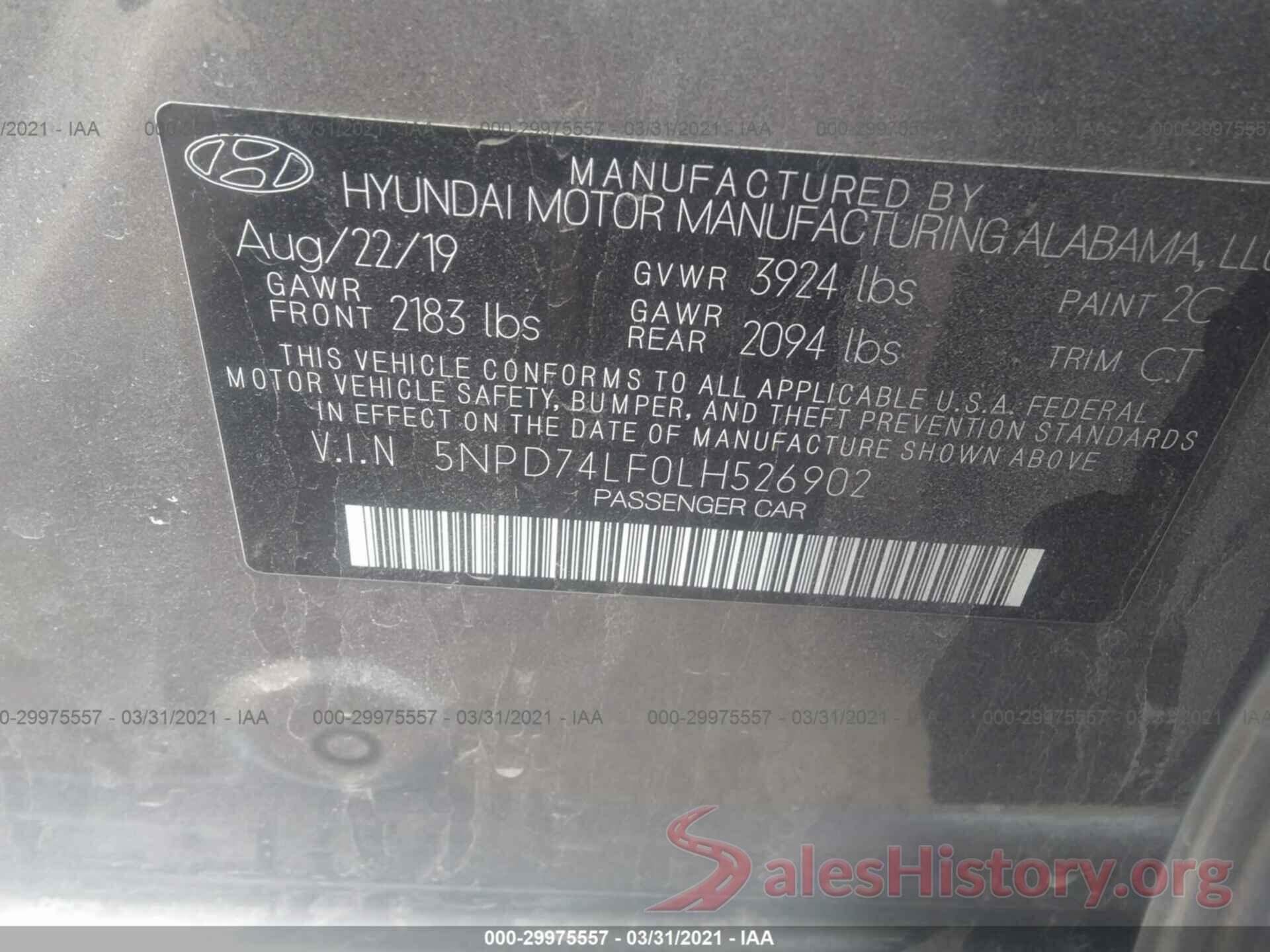 5NPD74LF0LH526902 2020 HYUNDAI ELANTRA