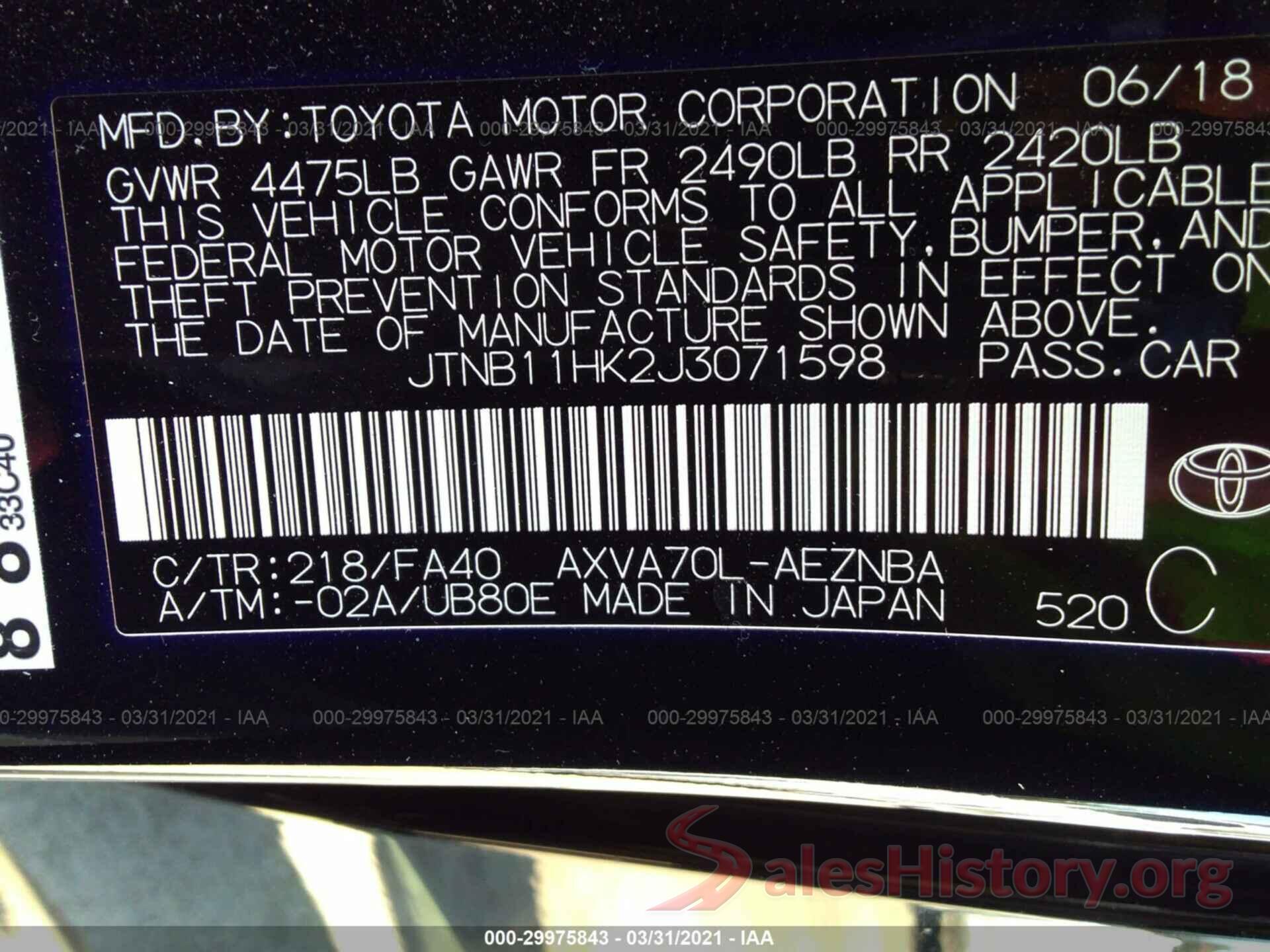 JTNB11HK2J3071598 2018 TOYOTA CAMRY