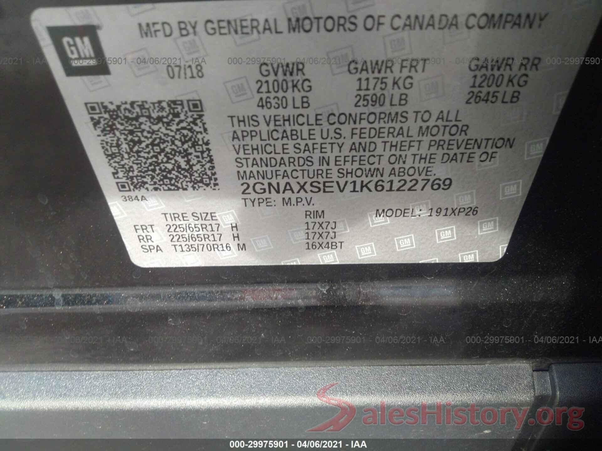 2GNAXSEV1K6122769 2019 CHEVROLET EQUINOX