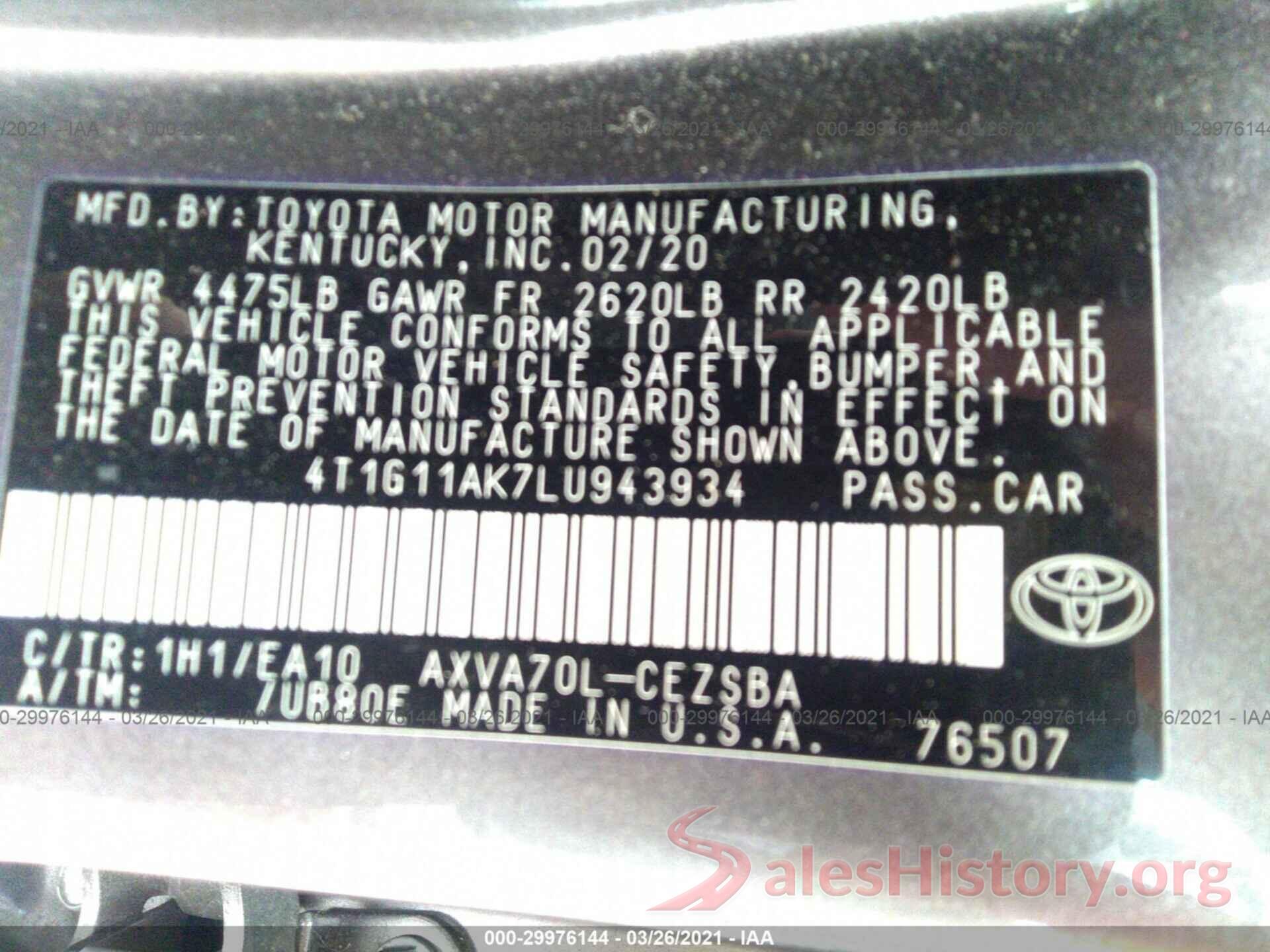 4T1G11AK7LU943934 2020 TOYOTA CAMRY