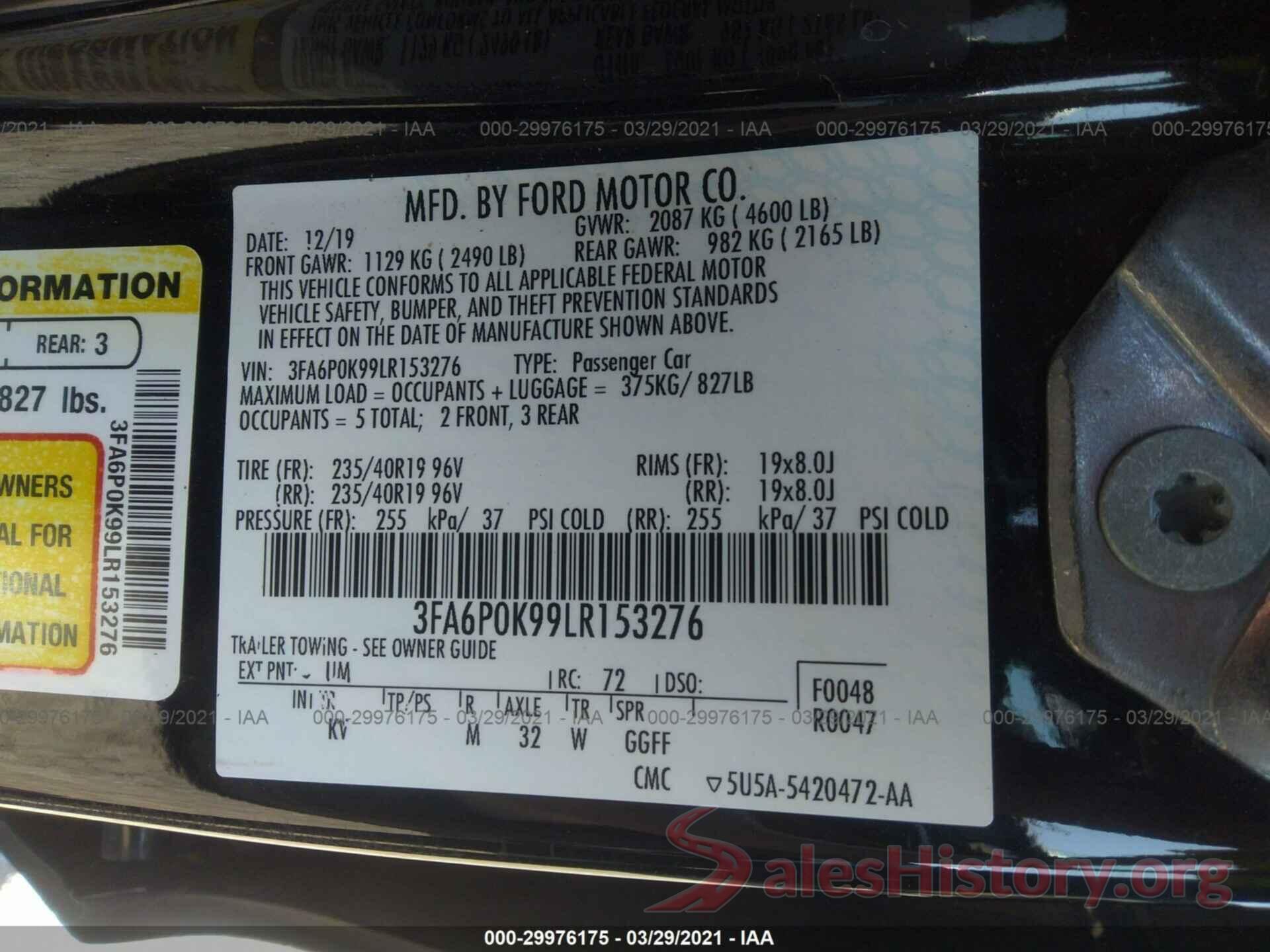 3FA6P0K99LR153276 2020 FORD FUSION