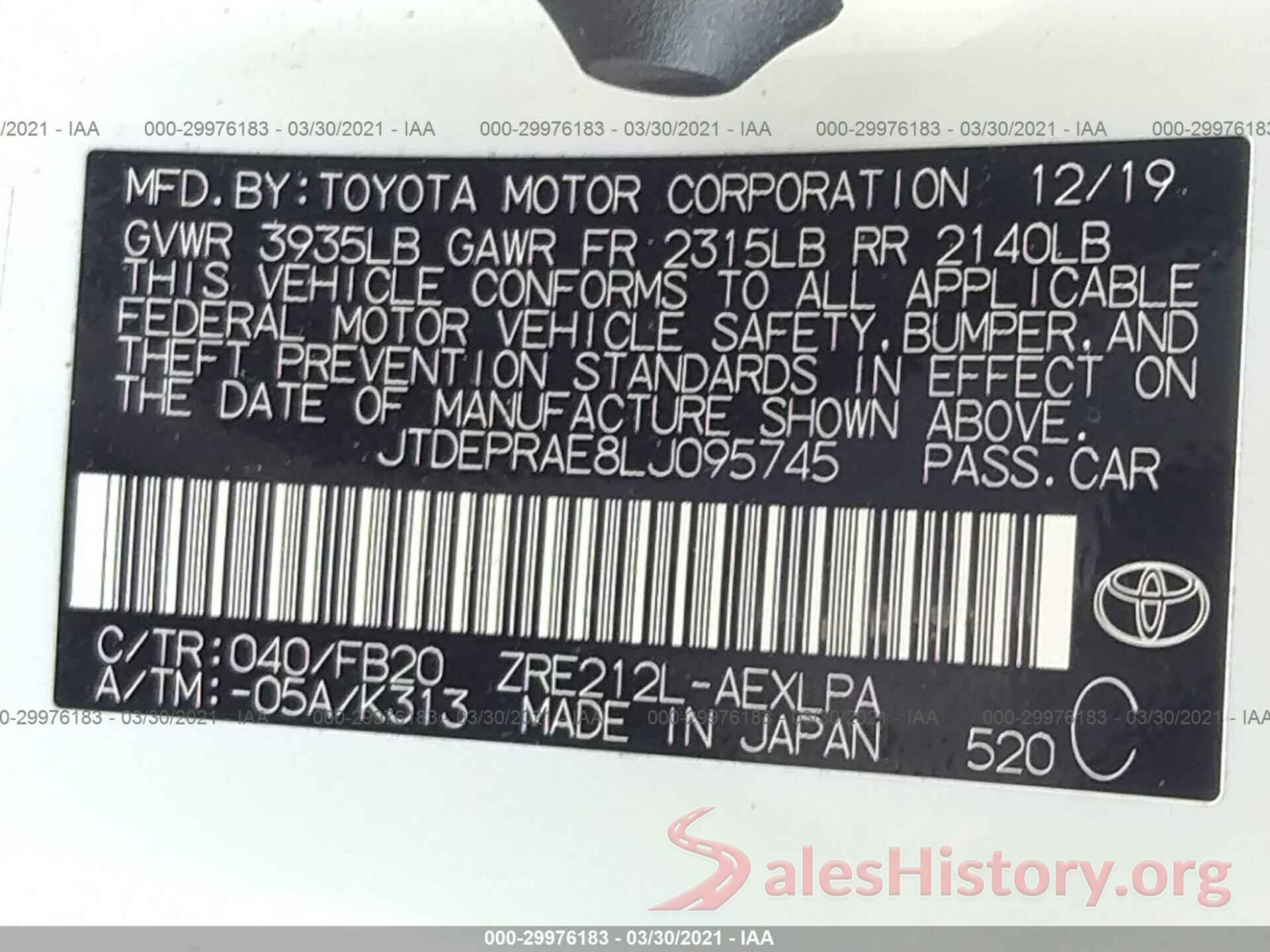 JTDEPRAE8LJ095745 2020 TOYOTA COROLLA